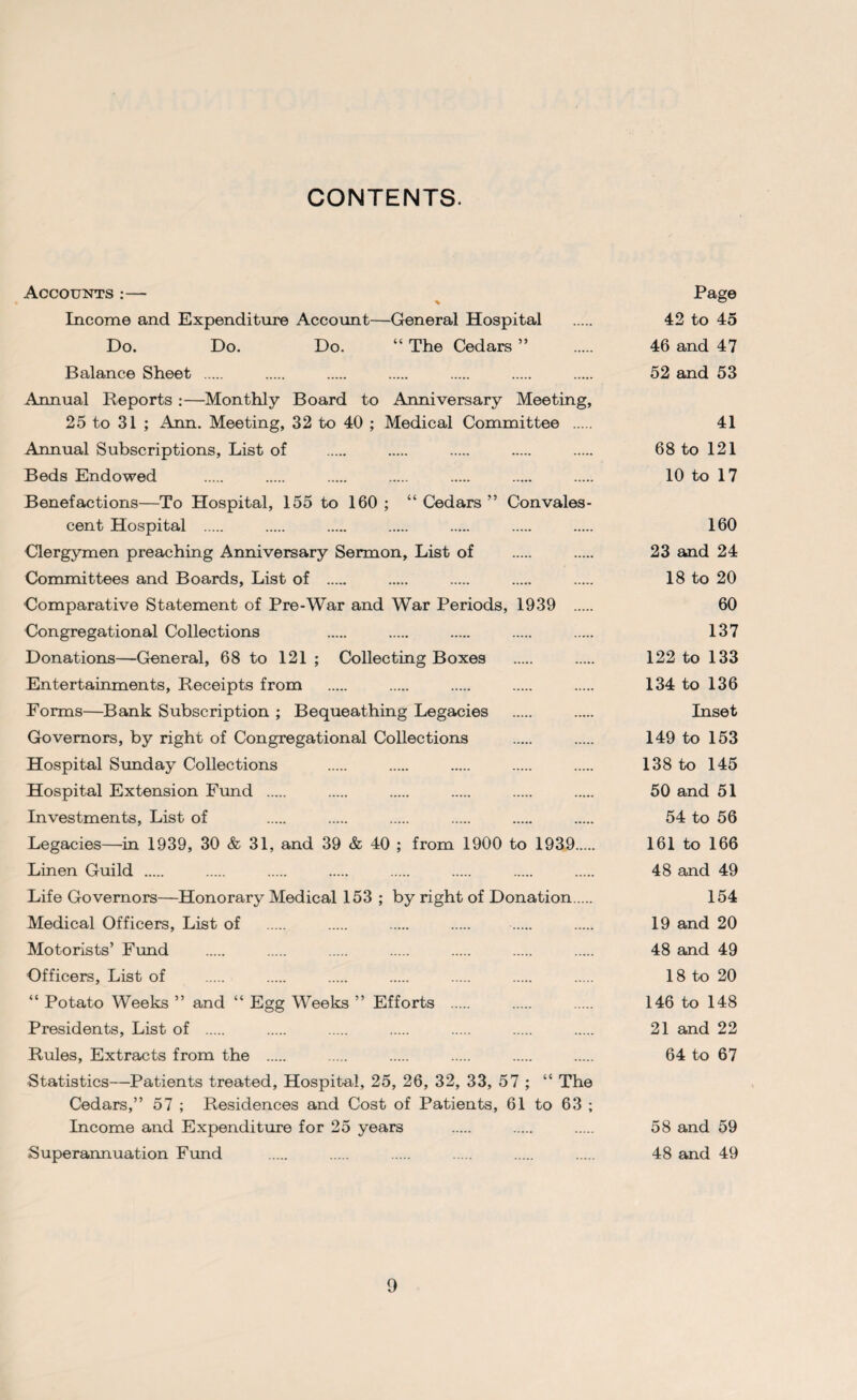 CONTENTS. Accounts :— * Income and Expenditure Account—General Hospital Do. Do. Do. “ The Cedars ” Balance Sheet . Annual Reports :—Monthly Board to Anniversary Meeting, 25 to 31 ; Ann. Meeting, 32 to 40 ; Medical Committee . Annual Subscriptions, List of Beds Endowed Benefactions—To Hospital, 155 to 160; “Cedars” Convales¬ cent Hospital . Clergymen preaching Anniversary Sermon, List of Committees and Boards, List of . Comparative Statement of Pre-War and War Periods, 1939 . Congregational Collections Donations—General, 68 to 121 ; Collecting Boxes Entertainments, Receipts from Forms—Bank Subscription ; Bequeathing Legacies Governors, by right of Congregational Collections Hospital Sunday Collections Hospital Extension Fund . Investments, List of Legacies—in 1939, 30 & 31, and 39 & 40 ; from 1900 to 1939. Linen Guild . Life Governors—Honorary Medical 153 ; by right of Donation. Medical Officers, List of Motorists’ Fund Officers, List of “ Potato Weeks ” and “ Egg Weeks ” Efforts . Presidents, List of . Rules, Extracts from the . Statistics—Patients treated, Hospital, 25, 26, 32, 33, 57 ; “ The Cedars,” 57 ; Residences and Cost of Patients, 61 to 63 ; Income and Expenditure for 25 years Superannuation Fund Page 42 to 45 46 and 47 52 and 53 41 68 to 121 10 to 17 160 23 and 24 18 to 20 60 137 122 to 133 134 to 136 Inset 149 to 153 138 to 145 50 and 51 54 to 56 161 to 166 48 and 49 154 19 and 20 48 and 49 18 to 20 146 to 148 21 and 22 64 to 67 58 and 59 48 and 49