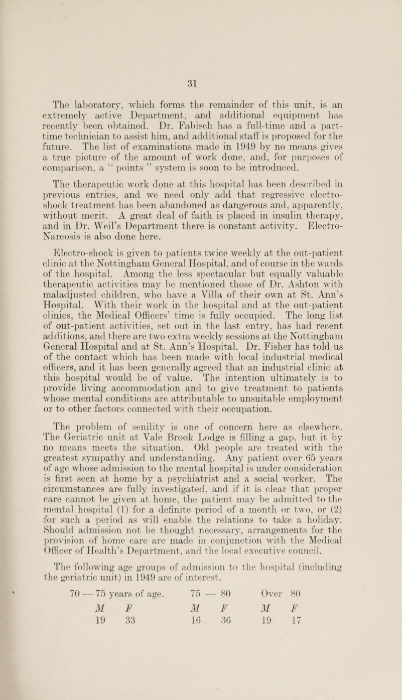 The laboratory, which forms the remainder of this unit, is an extremely active Department, and additional equipment has recently been obtained. Dr. Fabisch has a full-time and a part- time technician to assist him, and additional staff is proposed for the future. The list of examinations made in 1949 by no means gives a true picture of the amount of work done, and, for purposes of comparison, a “ points ” system is soon to be introduced. The therapeutic work done at this hospital has been described in previous entries, and we need only add that regressive electro¬ shock treatment has been abandoned as dangerous and, apparently, without merit. A great deal of faith is placed in insulin therapy, and in Dr. Weil’s Department there is constant activity. Electro- Narcosis is also done here. Electro-shock is given to patients twice weekly at the out-patient clinic at the Nottingham General Hospital, and of course in the wards of the hospital. Among the less spectacular but equally valuable therapeutic activities may be mentioned those of Dr. Ashton with maladjusted children, who have a Villa of their own at St. Ann’s Hospital. With their work in the hospital and at the out-patient clinics, the Medical Officers’ time is fully occupied. The long list of out-patient activities, set out in the last entry, has had recent additions, and there are two extra weekly sessions at the Nottingham General Hospital and at St. Ann’s Hospital. Dr. Fisher has told us of the contact which has been made with local industrial, medical officers, and it has been generally agreed that an industrial clinic at this hospital would be of value. The intention ultimately is to provide living accommodation and to give treatment to patients whose mental conditions are attributable to unsuitable employment or to other factors connected with their occupation. The problem of senility is one of concern here as elsewhere. The Geriatric unit at Vale Brook Lodge is filling a gap, but it by no means meets the situation. Old people are treated with the greatest sympathy and understanding. Any patient over 65 years of age whose admission to the mental hospital is under consideration is first seen at home by a psychiatrist and a social worker. The circumstances are fully investigated, and if it is clear that proper care cannot be given at home, the patient may be admitted to the mental hospital (1) for a definite period of a month or two, or (2) for such a period as will enable the relations to take a holiday. Should admission not be thought necessary, arrangements for the provision of home care are made in conjunction with the Medical Officer of Health’s Department, and the local executive council. The following age groups of admission to the hospital (including the geriatric unit) in 1949 are of interest. 70 — 75 years of age. 75 ■— 80 Over 80 M F 19 33 M F 16 36 M F 19 17