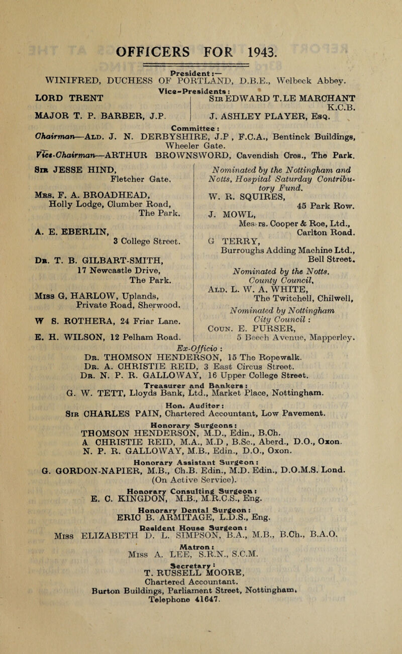 OFFICERS FOR 1943. President • —— WINIFRED, DUCHESS OF PORTLAND, D.B.E., Welbeck Abbey. Vice-Presidents: Sir EDWARD T.LE MAROHANT K.C.B. J. ASHLEY PLAYER, Esq. Committee : Chairman—Am. J. N. DERBYSHIRE, J.P , F.C.A., Bentinck Buildings, Wheeler Gate. Vice-Chairman—ARTHUR BROWNSWORD, Cavendish Ores., The Park. LORD TRENT MAJOR T. P. BARBER, J.P. Sir JESSE HIND, Fletcher Gate. Mrs, F, A. BROADHEAD, Holly Lodge, Clumber Road, The Park. A. E. EBERLIN, 3 College Street. Dr. T. B. GILBART-SMITH, 17 Newcastle Drive, The Park. Miss G, HARLOW, Uplands, Private Road, Sherwood. W 8. ROTHERA, 24 Friar Lane. E. H. WILSON, 12 Pelham Road. Nominated by the Nottingham and Notts, Hospital Saturday Contribu¬ tory Fund. W. R. SQUIRES, 45 Park Row. J. MOWL, Messrs. Cooper & Roe, Ltd., Carlton Road. G TERRY, Burroughs Adding Machine Ltd., Bell Street. Nominated by the Notts. County Council, Ald. L. W. A. WHITE, The Twitchell, Chilwell, Nominated by Nottingham City Council: Coun. E. PURSER, 5 Beech Avenue, Mapperley. Ex-Officio : Dr. THOMSON HENDERSON, 15 The Rope walk. Dr. A. CHRISTIE REID, 3 East Circus Street. Dr. N. P. R. GALLOWAY, 16 Upper College Street. Treasurer and Bankers: G. W. TETT, Lloyds Bank, Ltd., Market Place, Nottingham. Hon. Auditor: Sir CHARLES PAIN, Chartered Accountant, Low Pavement. Honorary Surgeons: THOMSON HENDERSON, M.D., Edin., B.Oh. A CHRISTIE REID, M.A., M.D , B.Sc., Aberd., D.O., Oxon. N. P. R. GALLOWAY, M.B., Edin., D.O., Oxon. Honorary Assistant Surgeon: G. GORDON-NAP1ER, M.B., Ch.B. Edin., M.D. Edin., D.O.M.S. Lond. (On Active Service). Honorary Consulting Surgeon: E. C. KINGDON, M.B., M.R.C.S., Eng. Honorary Dental Surgeon: ERIC B. ARMITAGE, L.D.S., Eng. Resident House Surgeon: Miss ELIZABETH D. L. SIMPSON, B.A., M.B., B.Ch., B.A.O. Matron: Miss A. LEE, S.R.N., S.C.M. Secretary ! T. RUSSELL MOORE, Chartered Accountant. Burton Buildings, Parliament Street, Nottingham* Telephone 41647.