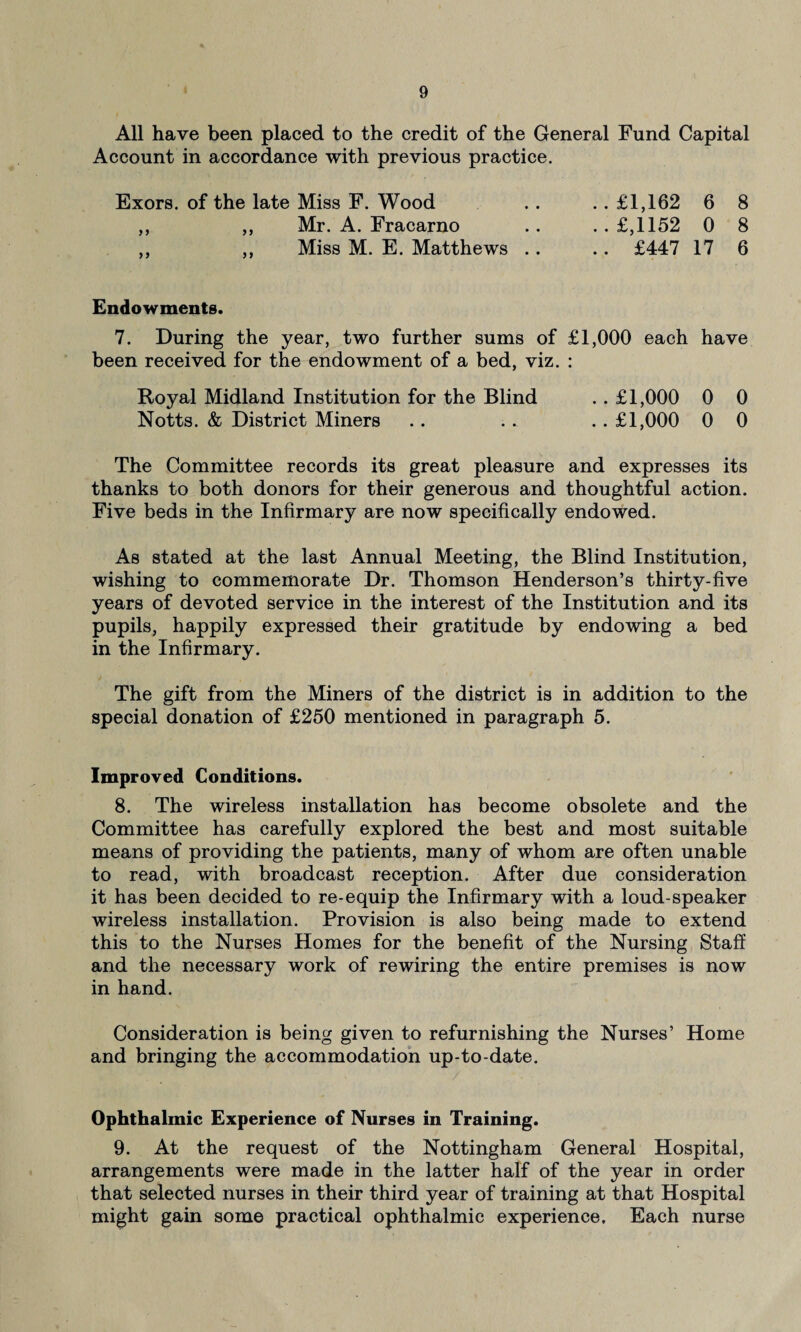 All have been placed to the credit of the General Fund Capital Account in accordance with previous practice. Exors. of the late Miss F. Wood ,, ,, Mr. A. Fracarno ,, ,, Miss M. E. Matthews ..£1,162 6 8 ..£,1152 0 8 .. £447 17 6 Endowments. 7. During the year, two further sums of £1,000 each have been received for the endowment of a bed, viz. : Royal Midland Institution for the Blind .. £1,000 0 0 Notts. & District Miners .. . . . . £1,000 0 0 The Committee records its great pleasure and expresses its thanks to both donors for their generous and thoughtful action. Five beds in the Infirmary are now specifically endowed. As stated at the last Annual Meeting, the Blind Institution, wishing to commemorate Dr. Thomson Henderson’s thirty-five years of devoted service in the interest of the Institution and its pupils, happily expressed their gratitude by endowing a bed in the Infirmary. The gift from the Miners of the district is in addition to the special donation of £250 mentioned in paragraph 5. Improved Conditions. 8. The wireless installation has become obsolete and the Committee has carefully explored the best and most suitable means of providing the patients, many of whom are often unable to read, with broadcast reception. After due consideration it has been decided to re-equip the Infirmary with a loud-speaker wireless installation. Provision is also being made to extend this to the Nurses Homes for the benefit of the Nursing Staff and the necessary work of rewiring the entire premises is now in hand. Consideration is being given to refurnishing the Nurses’ Home and bringing the accommodation up-to-date. Ophthalmic Experience of Nurses in Training. 9. At the request of the Nottingham General Hospital, arrangements were made in the latter half of the year in order that selected nurses in their third year of training at that Hospital might gain some practical ophthalmic experience. Each nurse