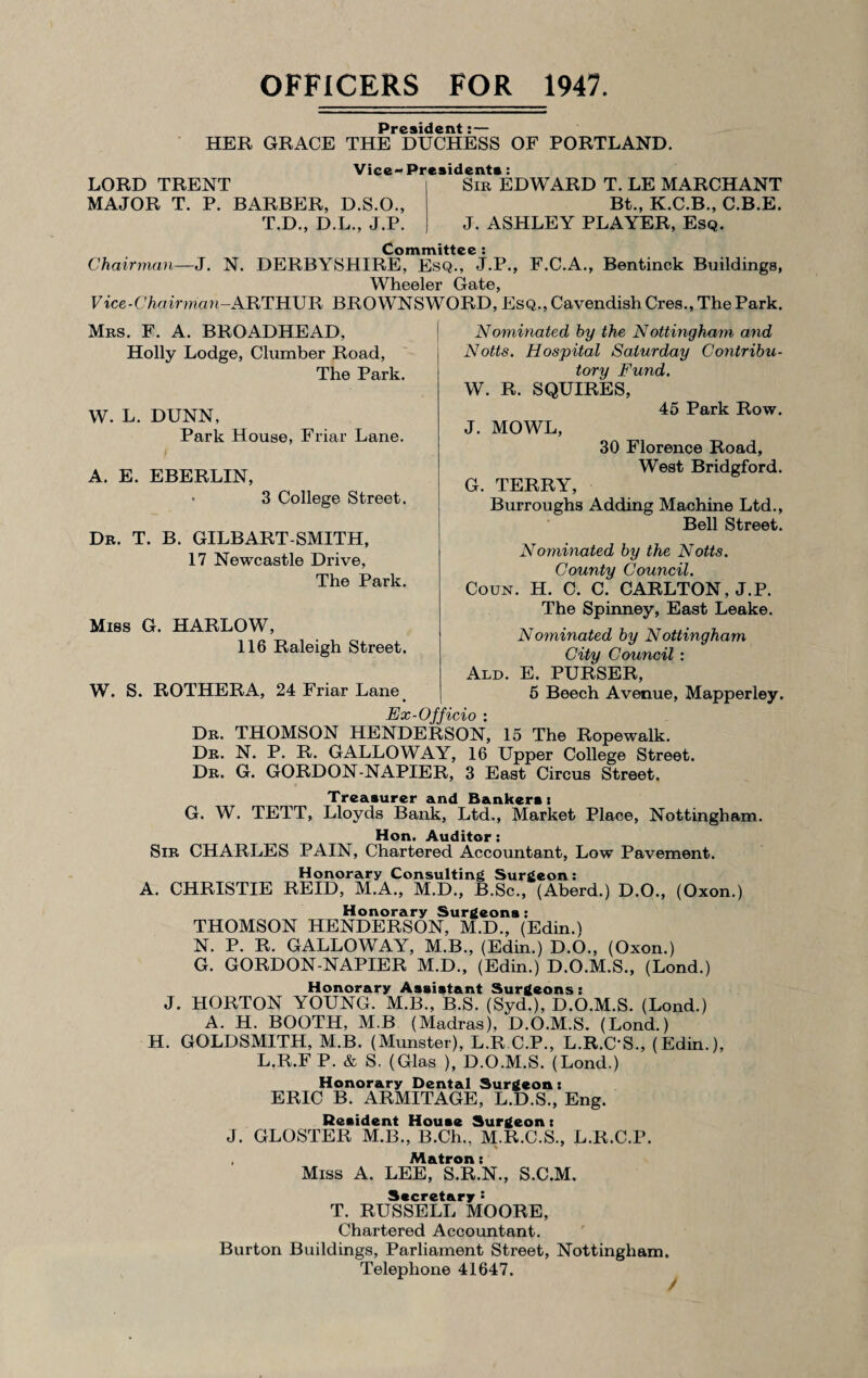 OFFICERS FOR 1947. President:— HER GRACE THE DUCHESS OF PORTLAND. LORD TRENT MAJOR T. P. BARBER, D.S.O., T.D., D.L., J.P. Vice-Presidents: Sir EDWARD T. LE MARCH ANT Bt., K.C.B., C.B.E. J. ASHLEY PLAYER, Esq. Committee : Chairman—J. N. DERBYSHIRE, Esq., J.P., F.C.A., Bentinck Buildings, Wheeler Gate, Vice-Chairman-ARTHUR BROWNSWORD, Esq., Cavendish Cres., The Park. Mrs. F. A. BROADHEAD, Holly Lodge, Clumber Road, The Park. W. L. DUNN, Park House, Friar Lane. A. E. EBERLIN, • 3 College Street. Dr. T. B. GILBART-SMITH, 17 Newcastle Drive, The Park. Miss G. HARLOW, 116 Raleigh Street. W. S. ROTHERA, 24 Friar Lane Nominated hy the Nottingham and Notts. Hospital Saturday Contribu¬ tory Fund. W. R. SQUIRES, 45 Park Row. J. MOWL, 30 Florence Road, West Bridgford. G. TERRY, Burroughs Adding Machine Ltd., Bell Street. Nominated by the Notts. County Council. Coun. H. C. C. CARLTON, J.P. The Spinney, East Leake. Nominated by Nottingham City Council : Ald. E. PURSER, 5 Beech Avenue, Mapperley. Ex-Officio : Dr. THOMSON HENDERSON, 15 The Ropewalk. Dr. N. P. R. GALLOWAY, 16 Upper College Street. Dr. G. GORDON-NAPIER, 3 East Circus Street. Treasurer and Bankers i G. W. TETT, Lloyds Bank, Ltd., Market Place, Nottingham. Hon. Auditor: Sir CHARLES PAIN, Chartered Accountant, Low Pavement. Honorary Consulting Surgeon: A. CHRISTIE REID, M.A., M.D., B.Sc., (Aberd.) D.O., (Oxon.) Honorary Surgeons : THOMSON HENDERSON, M.D., (Edin.) N. P. R. GALLOWAY, M.B., (Edin.) D.O., (Oxon.) G. GORDON-NAPIER M.D., (Edin.) D.O.M.S., (Lond.) Honorary Assistant Surgeons: J. HORTON YOUNG. M.B., B.S. (Syd.), D.O.M.S. (Lond.) A. H. BOOTH, M.B (Madras), D.O.M.S. (Lond.) H. GOLDSMITH, M.B. (Munster), L.R C.P., L.R.US., (Edin.), L.R.FP. & S. (Glas ), D.O.M.S. (Lond.) Honorary Dental Surgeon t ERIC B. ARMITAGE, L.D.S., Eng. Resident House Surgeon: J. GLOSTER M.B., B.Ch., M.R.C.S., L.R.C.P. Matron: Miss A. LEE, S.R.N., S.C.M. Secretary : T. RUSSELL MOORE, Chartered Accountant. Burton Buildings, Parliament Street, Nottingham. Telephone 41647.