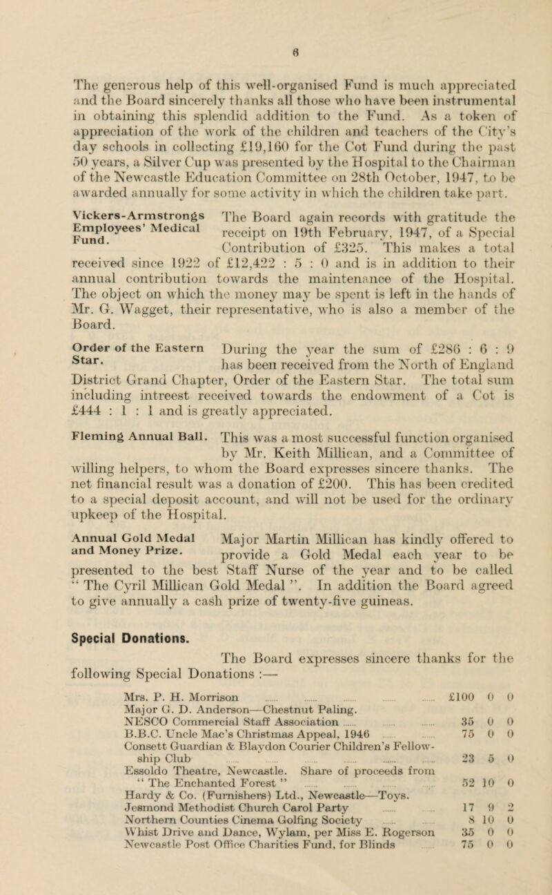 The generous help of this well-organised Fund is much appreciated and the Board sincerely thanks all those who have been instrumental in obtaining this splendid addition to the Fund. As a token of appreciation of the work of the children and teachers of the City’s day schools in collecting £19,160 for the Cot Fund during the past 50 years, a Silver Cup was presented by the Hospital to the Chairman of the Newcastle Education Committee on 28th October, 1947, to be awarded annually for some activity in which the children take part. Vickers-Armstrongs The Board again records with gratitude the Employees’ Medical receipt on 19th February, 1947, of a Special Un * Contribution of £325. This makes a total received since 1922 of £12,422 : 5 : 0 and is in addition to their annual contribution towards the maintenance of the Hospital. The object on which the money may be spent is left in the hands of Mr. G. Wagget, their representative, who is also a member of the Board. Order of the Eastern During the year the sum of £286 : 6 : 9 Star* has been received from the North of England District Grand Chapter, Order of the Eastern Star. The total sum including intreest received towards the endowment of a Cot is £444 : 1 : 1 and is greatly appreciated. Fleming Annual Ball. This was a most successful function organised bv Mr. Keith Millican, and a Committee of willing helpers, to whom the Board expresses sincere thanks. The net financial result was a donation of £200. This has been credited to a special deposit account, and will not be used for the ordinary upkeep of the Hospital. Annual Gold Medal Major Martin Millican has kindly offered to and Money Prize. provide a Gold Medal each year to be presented to the best Staff Nurse of the year and to be called “ The Cyril Millican Gold Medal ”. In addition the Board agreed to give annually a cash prize of twenty-five guineas. Special Donations. The Board expresses sincere thanks for the following Special Donations :— Mrs. P. H. Morrison . £100 0 0 Major G. D. Anderson—Chestnut Paling. NESCO Commercial Staff Association 35 0 0 B.B.C. Uncle Mac’s Christmas Appeal, 1946 75 0 0 Consett Guardian & Blaydon Courier Children's Fellow¬ ship Club . 23 5 0 Essoldo Theatre, Newcastle. Share of proceeds from “ The Enchanted Forest ” 52 1<» 0 Hardy & Co. (Furnishers) Ltd., Newcastle—Toys. Jesmond Methodist Church Carol Party . 17 9 2 Northern Counties Cinema Golfing Society . 8 10 0 Whist Drive and Dance, Wylam, per Miss E. Rogerson 35 0 0 Newcastle Post Office Charities Fund, for Blinds 75 0 0