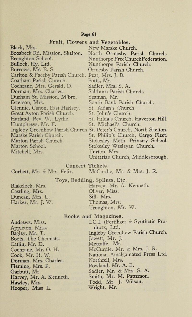 Fruit, Flowers and Vegetables. Black, Mrs. Boosbeck Rd. Mission, Skelton. Broughton School. Bullock, Hy. Ltd. Burrows, Mr. B. S. Carlton Sc Faceby Parish Church. Coatham Parish Church. Cochrane, Mrs. Gerald, D. Dorman, Mrs. Charles. Durham St. Mission, M’bro. Esterson, Mrs. Glennie, Canon, East Harlsey. Great Ayton Parish Church. Harland, Rev. W., Lythe. Humphreys, Mr. F. Ingleby Greenhow Parish Church Marske Parish Church. Marton Parish Church. Marton School. Mitchell, Mrs. Concert Corbett, Mr. Sc Mrs. Felix. New Marske Church. North Ormesby Parish Church. Nunthorpe FreeChurchFederation. Nunthorpe Parish Church. Ormesby Parish Church. Peat, Mrs. J. B. Potts, Mr. Sadler, Mrs. S. A. Saltburn Parish Church. Seaman, Mr. South Bank Parish Church. St. Aidan's Church. St. John's Church. St. Hilda's Church, Haverton Hill. St. Michael's Church. .St. Peter's Church, North Skelton. St. Philip's Church, Cargo Fleet. Stokesley Meth. Primary School. Stokesley Wesleyan Church* Turton, Mrs. Unitarian Church, Middlesbrough. Tickets. McCurdie, Mr. Sc Mrs. J. R. Toys, Bedding, Splints, Etc. Blakelock, Mrs. Castling, Mrs. Duncan, Mrs. L. Harker, Mr. J. W. Books Andrews, Miss. Appleton, Miss. Bagley, Mr. T. Boots, The Chemists. Catlin, Mr. D. Cochrane, Mr. O. H. Cook, Mr. H. W. Dorman, Mrs. Charles. Fleming, Mrs. P. Garbutt, Mr. Harvey, Mr. A. Kenneth. Hawley, Mrs. Hooper, Miss L, Harvey, Mr. A. Kenneth. Oliver, Miss. Sill, Mrs. Thomas, Mrs. Troughton, Mr. W. and Magazines. I.C.I. (Fertilizer Sc Synthetic Pro¬ ducts, Ltd. Ingleby Greenhow Parish Church. Jowett, Mr. J. Metcalfe, Mr. McCurdie, Mr. Sc Mrs. J. R. National Amalgamated Press Ltd, Northfell, Mrs* Rowland, Mr. A. E. Sadler, Mr. Sc Mrs. S. A. Smith, Mr. M. Patterson. Todd, Mr. J. Wilson. Wright, Mr.