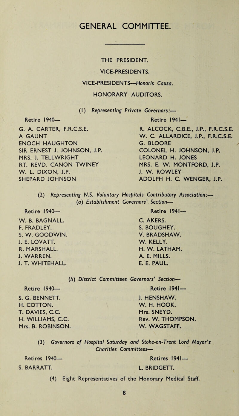 GENERAL COMMITTEE THE PRESIDENT. VICE-PRESIDENTS. VICE-PRESIDENTS—Honoris Causa. HONORARY AUDITORS. (I) Representing Private Governors:— Retire 1940— G. A. CARTER, F.R.C.S.E. A GAUNT ENOCH HAUGHTON SIR ERNEST J. JOHNSON, J.P. MRS. J. TELLWRIGHT RT. REVD. CANON TWINEY W. L. DIXON, J.P. SHEPARD JOHNSON Retire 1941— R. ALCOCK, C.B.E., J.P., F.R.C.S.E. W. C. ALLARDICE, J.P., F.R.C.S.E. G. BLOORE COLONEL H. JOHNSON, J.P. LEONARD H. JONES MRS. E. W. MONTFORD, J.P. J. W. ROWLEY ADOLPH H. C. WENGER, J.P. (2) Representing N.S. Voluntary Hospitals Contributory Association:— (a) Establishment Governors’ Section— Retire 1940— Retire 1941— W. B. BAGNALL. F. FRADLEY. S. W. GOODWIN. J. E. LOVATT. R. MARSHALL. J. WARREN. J. T. WHITEHALL. C. AKERS. S. BOUGHEY. V. BRADSHAW. W. KELLY. H. W. LATHAM. A. E. MILLS. E. E. PAUL Retire 1940— (b) District Committees Governors’ Section— Retire 1941— S. G. BENNETT. H. COTTON. T. DAVIES, C.C. H. WILLIAMS, C.C. Mrs. B. ROBINSON. J. HENSHAW. W. H. HOOK. Mrs. SNEYD. Rev. W. THOMPSON. W. WAGSTAFF. (3) Governors of Hospital Saturday and Stoke-on-Trent Lord Mayor’s Charities Committees— Retires 1940— Retires 1941 — S. BARRATT. L. BRIDGETT. (4) Eight Representatives of the Honorary Medical Staff.