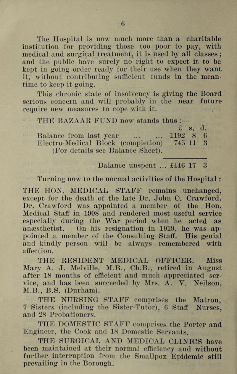 G The Hospital is now much more than a charitable institution for providing those too poor to pay, with medical and surgical treatment, it is used by all classes; and the public have surely no right to expect it to be kept in going order ready for their use when they want it, without contributing sufficient funds in the mean¬ time to keep it going. This chronic state of insolvency is giving the Board serious concern and will probably in the near future require new measures to cope with it. THE BAZAAR FUND now stands thus : — £ s. d. Balance from last year ... ... 1192 8 6 Electro-Medical Block (completion) 745 11 3 (For details see Balance Sheet). Balance unspent ... £446 17 3 Turning now to the normal activities of the Hospital: THE HON. MEDICAL STAFF remains unchanged, except for the death of the late Dr. John 0. Crawford. Dr. Crawford was appointed a member of the Hon. Medical Staff in 1908 and rendered most useful service especially during the War period when he acted as anaesthetist. On his resignation in 1919, he was ap¬ pointed a member of the Consulting Staff. His genial and kindly person will be always remembered with affection. THE RESIDENT MEDICAL OFFICER. Miss Mary A. J. Melville, M.B., Ch.B., retired in August after 18 months of efficient and much appreciated ser¬ vice, and has been succeeded by Mrs. A. V. Neilson, M.B., B.S. (Durham). THE NURSING STAFF comprises the Matron, 7 Sisters (including the Sister-Tutor), 6 Staff Nurses, and 28 Probationers. THE DOMESTIC STAFF comprises the Porter and Engineer, the Cook and 18 Domestic Servants. THE SURGICAL AND MEDICAL CLINICS have been maintained at their normal efficiency and without further interruption from the Smallpox Epidemic still prevailing in the Borough.