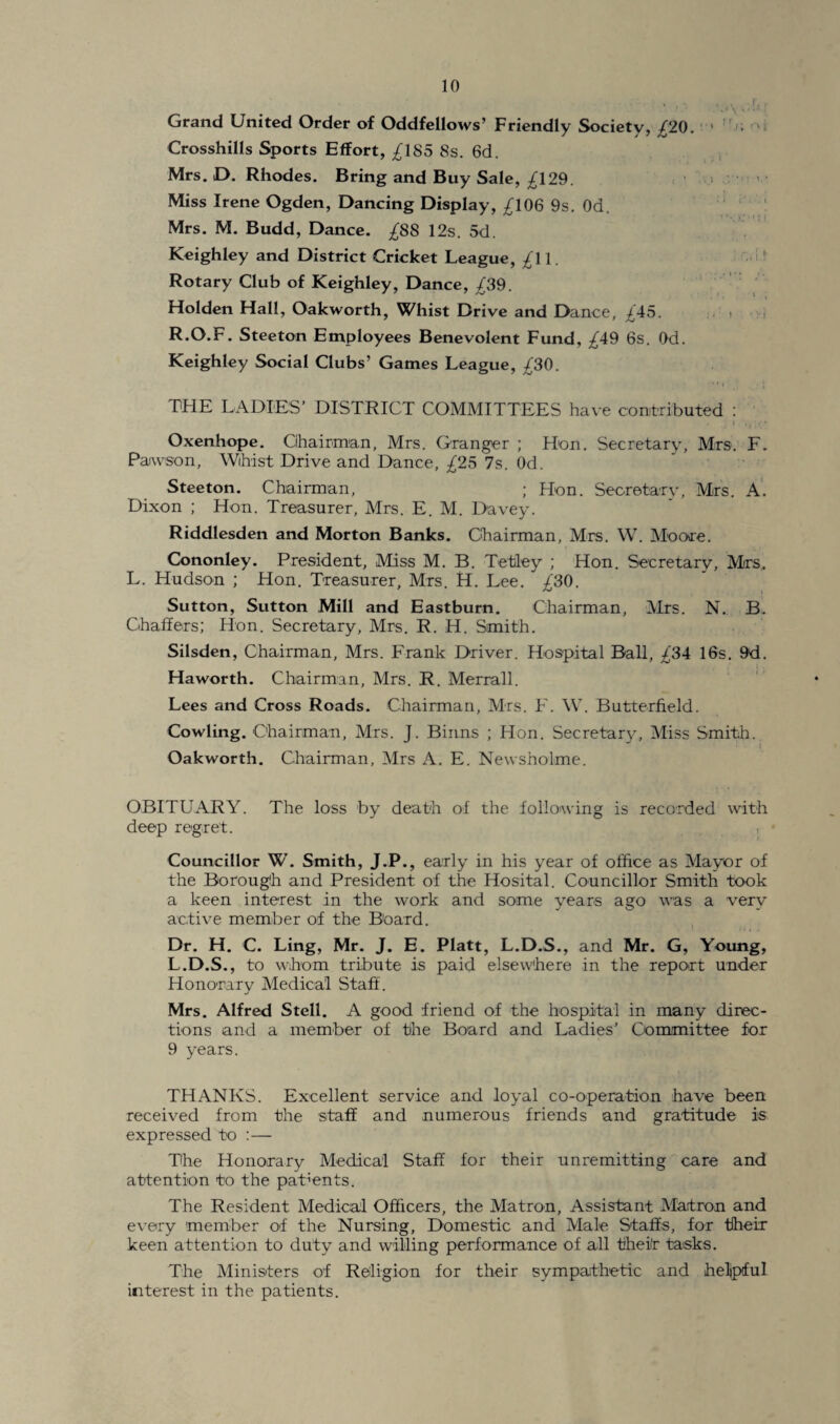 Grand United Order of Oddfellows’ Friendly Society, /20. 1 '' Crosshills Sports Effort, /185 8s. 6d. Mrs. D. Rhodes. Bring and Buy Sale, .£129. Miss Irene Ogden, Dancing Display, ^106 9s. Od. Mrs. M. Budd, Dance. ^88 12s. 5d. Keighley and District Cricket League, /11. Rotary Club of Keighley, Dance, .£39. Holden Hall, Oakworth, Whist Drive and Dance, £45. R.O.F. Steeton Employees Benevolent Fund, ^49 6s. Od. Keighley Social Clubs’ Games League, £T0. THE LADIES’ DISTRICT COMMITTEES have contributed : Oxenhope. Chairman, Mrs. Granger ; Hon. Secretary, Mrs. F. Pawson, Wihist Drive and Dance, £25 7s. Od. Steeton. Chairman, ; Hon. Secretary, Mrs. A. Dixon ; Hon. Treasurer, Mrs. E. M. Davey. Riddlesden and Morton Banks. Chairman, Mrs. W. Moore. Cononley. President, Miss M. B. Tetley ; Hon. Secretary, Mrs, L. Hudson ; Hon. Treasurer, Mrs. H. Lee. -£30. Sutton, Sutton Mill and Eastburn. Chairman, Mrs. N. B. Chaffers; Hon. Secretary, Mrs. R. H. Smith. Silsden, Chairman, Mrs. Frank Driver. Hospital Ball, ;£34 16s. 9d. Haworth. Chairman, Mrs. R. Merrall. Lees and Cross Roads. Chairman, Mrs. F. W. Butterfield. Cowling. Chairman, Mrs. J. Binns ; Hon. Secretary, Miss Smith. Oakworth. Chairman, Mrs A. E. Newsholme. OBITUARY. The loss by death of the following is recorded with deep regret. ■ Councillor W. Smith, J.P., early in his year of office as Mayor of the Borough and President of the Hosital. Councillor Smith took a keen interest in the work and some years ago was a very active member of the Board. Dr. H. C. Ling, Mr. J. E. Platt, L.D.S., and Mr. G, Young, L.D.S., to whom tribute is paid elsewhere in the report under Honorary Medical Staff . Mrs. Alfred Stell. A good friend of the hospital in many direc¬ tions and a member of the Board and Ladies’ Committee for 9 years. THANKS. Excellent service and loyal co-operation have been received from the staff and numerous friends and gratitude is expressed to :— The Honorary Medical Staff for their unremitting care and attention to the patients. The Resident Medical Officers, the Matron, Assistant Matron and every member of the Nursing, Domestic and Male Staffs, for their keen attention to duty and willing performance of all their tasks. The Ministers of Religion for their sympathetic and helpful interest in the patients.