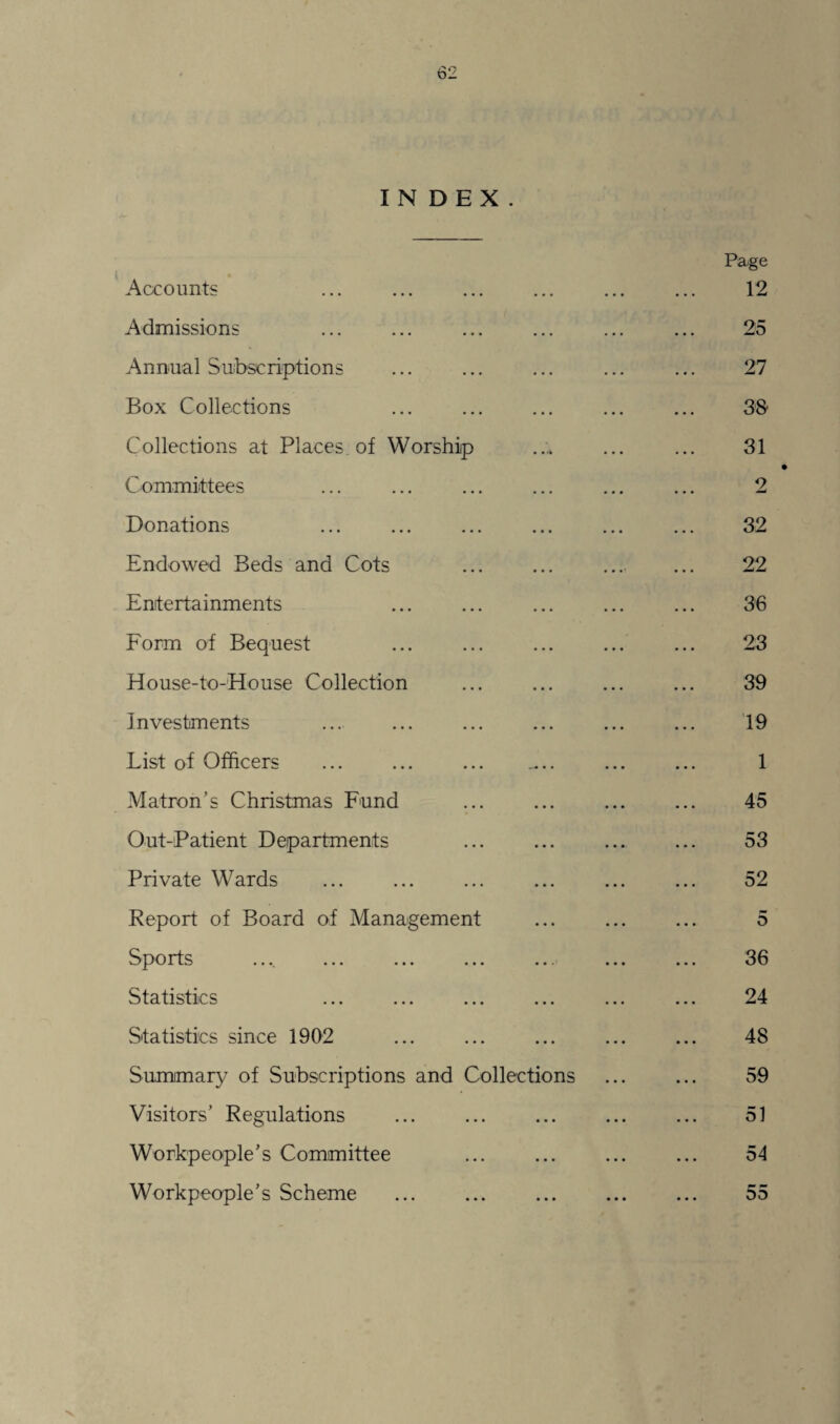 INDEX. Accounts Page 12 Admissions 25 Annual Subscriptions 27 Box Collections 38 Collections at Places, of Worship 31 Committees 2 Donations 32 Endowed Beds and Cots 22 Entertainments 36 Form of Bequest 23 House-to-House Collection 39 Investments 19 List of Officers -.. ... 1 Matron’s Christmas Fund 45 Out-Patient Departments 53 Private Wards 52 Report of Board of Management 5 Sports .... ... ... ... 36 Statistics 24 Statistics since 1902 48 Summary of Subscriptions and Collections 59 Visitors’ Regulations 51 Workpeople’s Committee 54 Workpeople’s Scheme • • • • • • 55 v