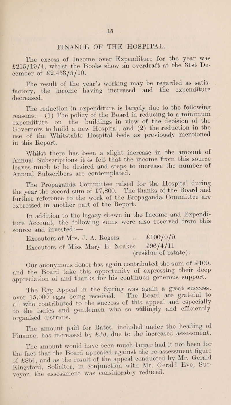 FINANCE OF THE HOSPITAL. The excess of Income over Expenditure for1 the year was £215/19/4, whilst the Books show an overdraft at the 31st De¬ cember of £2,433/5/10. The result of the year’s working may be regarded as satis¬ factory, the income having increased and the expenditure decreased. The reduction in expenditure is largely due to the following reasons: — (1) The policy of the Board in reducing to a minimum expenditure on the buildings in view of the decision of the Governors to build a new Hospital, and (2) the reduction in the use of the Whits table Hospital beds. as. previously mentioned in this Report. Whilst there has been a slight increase in the amount of Annual Subscriptions it is felt that the income from this source leaves much to be desired and steps to increase the number of Annual Subscribers are 'Contemplated. The Propaganda Committee raised for the Hospital during the year the record sum of £7,800. The thanks of the Board and further reference to the work of the Propaganda Committee are expressed in another part of the Report. In addition to the legacy shewn in the Income and Expendi¬ ture Account, the following sums were also received from this source and invested: — Executors of Mrs. J. A. Rogers ...; £100/0/0 Executors of Miss Mary E. Noakes £96/4/11 (residue of estate). Our anonymous donor has again contributed the sum of £100', and the Board take this, opportunity of expressing their deep appreciation of and thanks for his continued generous support. The Egg Appeal in the Spring was again a great, success, over 15,000' eggs being received. The Board are grateful to all who’contributed to the success of this appeal and especially to the ladies and. gentlepnen who so willingly and efficiently organised districts. The amount paid for Rates, included under the heading of Finance, has increased by £30, due to the increased assessment. The amount would have been much larger had it not been for the fact that the Board appealed against the re-assessment figure of £864, and as the result of the appeal conducted by Mr. Gerald Kingsford, Solicitor, in conjunction with Mr. Gerald Eve, Sur¬ veyor, the assessment was considerably reduced.