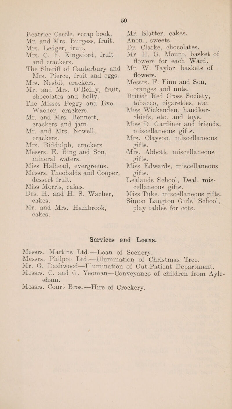 Beatrice Castle, scrap book. Mr. and Mrs. Burgess, fruit. Mrs. Ledger, fruit. Mrs. C. E. Kingsford, fruit and crackers. The Sheriff of Canterbury and Mrs. Pierce, fruit and eggs. Mrs. Nesbit, crackers. Mr. and Mrs. O’Reilly, fruit, chocolates and holly. The Misses Peggy and Eve W acher, crackers. Mr. and Mrs. Bennett, crackers and jam. Mr. and Mrs. Nowell, crackers. Mrs. Biddulph, crackers Messrs. E. Bing and Son, mineral waters. Miss Halhead, evergreens. Messrs. Theobalds and Cooper, dessert fruit. Miss Morris, cakes. Drs. H. and H. S. Wacher, cakes. Mr. and Mrs. Ham-brook, cakes. Mr. Slatter, cakes. Anon., sweets. Dr. Clarke, chocolates. Mr. IT. G. Mount, basket of flowers for each Ward. Mr. W. Taylor, baskets of flowers. Messrs. E. Finn and Son, . oranges and nuts. British Red Cross Society, tobacco, cigarettes, etc. Miss Wickenden, handker¬ chiefs, etc. and toys. Miss E. Gardiner and friends, miscellaneous gifts. Airs. Clayson, miscellaneous gifts. Mrs. Abbott, miscellaneous gifts. Miss Edwards, miscellaneous gifts. Lealands School, Deal, mis¬ cellaneous gifts. Miss Tuke, miscellaneous gifts. Simon Langton Girls’ School, play tables for cots. Services and Loans. Messrs. Martins Ltd.—Loan of Scenery. Messrs. Philpot Ltd.—Illumination of Christmas Tree. Mr. G. Dash wood—Illumination of Out-Patient Department. Messrs. C. and G. b eornan—Conveyance of children from Ayle- sham. Messrs. Court Bros.—Hire of Crockery. /