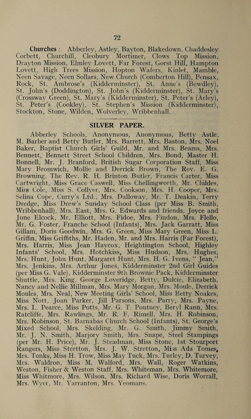 Churches : Abberley, Astley, Bayton, Blakedown, Chaddesley Corbett, Churchill, Cleobury Mortimer, Clows Top Mission, Drayton Mission, Elmley Lovett, Far Forest, Gorst Hill, Hampton Lovett, High Trees Mission, Hopton Wafers, Kinlet, Mamble, Neen Savage, Neen Sollars, New Church (Comberton Hill), Pensax, Rock, St. Ambrose’s (Kidderminster), St. Anne’s (Bewdley), St. John’s (Doddington), St. John’s (Kidderminster), St. Mary’s (Crossway Green), St. Mary’s (Kidderminster), St. Peter’s (Arley), St. Peter’s (Cookley), St. Stephen’s Mission (Kidderminster), Stockton, Stone, Wilden, Wolverley, Wribbenhall. SILVER PAPER. Abberley Schools, Anonymous, Anonymous, Betty Astle, M. Barber and Betty Butler, Mrs. Barrett, Mrs. Baston, Mrs. Noel Baker, Baptist Church Girls’ Guild, Mr. and Mrs. Beams, Mrs. Bennett, Bennett Street School Children, Mrs. Bond, Master H. Bonnell, Mr. J. Branford, British Sugar Corporation Staff, Miss Mary Bromwich, Mollie and Derrick Brown, The Rev. E. G. Browning, The Rev. R. H. Brinton Butler, Francis Carter, Miss Cartwright, Miss Grace Caswell, Miss Chellingworth, Mr. Guides, Miss Cole, Miss S. Collver, Mrs. Cookson, Mrs. H. Cooper, Mrs. Selina Cope, Curry’s Ltd., Mrs. Dalloway, Mr. T. Deakiu, Terry Dredge, Miss Drew’s Sunday School Class (per Miss B. Smith, Wribbenhall), Mrs. East, Mrs. G. Edwards and friends, Joyce and June Elcock, Mr. Elliott, Mrs. Fidoe, Mrs. Findon, Mrs. Flello, Mr. G. Foster, Franche School (Infants), Mrs. Jack Garratt, Miss Gillam, Doris Goodwin, Mrs. G. Green, Miss Mary Green, Miss L. Griffin, Miss Griffiths, Mr. Haden, Mr. and Mrs. Harris (Far Forest), Mrs. Harris, Miss Jean Haycox, Heightington School, Highley Infants’ School, Mrs. Hotchkiss, Miss Hudson, Mrs. Hughes, Mrs. Hunt, John Hunt, Margaret Hunt, Mrs. H. G. Ivens, “ Jean,” Mrs. Jenkins, Mrs. Arthur Jones, Kidderminster 2nd Girl Guides (per Miss G. Vale), Kidderminster 9th Brownie Pack, Kidderminster Shuttle, Mrs. King, George Loveridge, Betty, Dulcie, Elizabeth, Nancy and Nellie Millman, Mrs. Mary Morgan, Mrs. Moule, Derrick Moules, Mrs. Neal, New Meeting Girls’ School, Miss Betty Noakes, Miss Nott, Joan Parker, Jill Parsons, Mrs. Parry, Mrs. Payne, Mrs. L. Pearce, Miss Potts, Mr. G. T. Poutney, Beryl Rann, Mrs. Ratcliffe, Mrs. Rawlings, Mr. R. F. Rimell, Mrs. H. Robinson, Mrs. Robinson, St. Barnabas Church School (Infants), St. George’s Mixed School, Mrs. Skelding, Mr. G. Smith, Jimmy Smith, Mr. J. N. Smith, Marjory Smith, Mrs. Snape, Steel Stampings (per Mr. H. Price), Mr. J. Steadman, Miss Stone, 1st Stourport Rangers, Miss Stretton, Mrs. J. W. Stretton, Miss Ada Tomes, Mrs. Tonks, Miss H. Trow, Miss May Tuck, Mrs. Turley, D. Turvey, Mrs. Waldron, Miss M. Walford, Mrs. Wall, Roger Watkins, Weston, Fisher & Weston Staff, Mrs. Whiteman, Mrs. Whitemore, Miss Whitmore, Mrs. Wilson, Mrs. Richard Wise, Doris Worrall, Mrs. Wver, Mr. Yarranton, Mrs. Yeomans.
