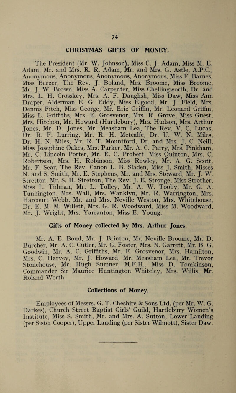 CHRISTMAS GIFTS OF MONEY. The President (Mr. W. Johnson), Miss C. J. Adam, Miss M. E. Adam, Mr. and Mrs. R. R. Adam, Mr. and Mrs. G. Astle, A.P.C., Anonymous, Anonymous, Anonymous, Anonymous, Miss F. Barnes, Miss Beezer, The Rev. J. Boland, Mrs. Broome, Miss Broome, Mr. J. W. Brown, Miss A. Carpenter, Miss Chellingworth, Dr. and Mrs. L. H. Crosskey, Mrs. A. F. Dauglish, Miss Daw, Miss Ann Draper, Alderman E. G. Eddy, Miss Elgood, Mr. J. Field, Mrs. Dennis Fitch, Miss George, Mr. Eric Griffin, Mr. Leonard Griffin, Miss L. Griffiths, Mrs. E. Grosvenor, Mrs. R. Grove, Miss Guest, Mrs. Hitchon, Mr. Howard (Hartlebury), Mrs. Hudson, Mrs. Arthur Jones, Mr. D. Jones, Mr. Measham Lea, The Rev. V. C. Lucas, Dr. R. F. Lurring, Mr. R. H. Metcalfe, Dr. U. W. N. Miles, Dr. H. N. Miles, Mr. R. T. Mountford, Dr. and Mrs. J. C. Neill, Miss Josephine Oakes, Mrs. Parker, Mr. A. C. Parry, Mrs. Pinkham, Mr. C. Lincoln Porter, Mr. E. C. Probert, Miss Quinton, Mrs. C. Robertson, Mrs. H. Robinson, Miss Rowley, Mr. A. G. Scott, Mr. F. Sear, The Rev. Canon L. B. Sladen, Miss J. Smith, Misses N. and S. Smith, Mr. E. Stephens, Mr. and Mrs. Steward, Mr. J. W. Stretton, Mr. S. H. Stretton, The Rev. J. E. Stronge, Miss Strother, Miss L. Tidman, Mr. L. Tolley, Mr. A. W. Tooby, Mr. G. A. Tunnington, Mrs. Wall, Mrs. Wanklyn, Mr. R. Warrington, Mrs. Harcourt Webb, Mr. and Mrs. Neville Weston, Mrs. Whitehouse, Dr. E. M. M. Willett, Mrs. G. R. Woodward, Miss M. Woodward, Mr. J. Wright, Mrs. Yarranton, Miss E. Young. Gifts of Money collected by Mrs. Arthur Jones. Mr. A. E. Bond, Mr. J. Brinton, Mr. Neville Broome, Mr. D. Burcher, Mr. A. C. Cutler, Mr. G. Foster, Mrs. N. Garrett, Mr. B. G. Goodwin, Mr. A. C. Griffiths, Mr. E. Grosvenor, Mrs. Hamilton, Mrs. C. Harvey, Mr. J. Howard, Mr. Measham Lea, Mr. Trevor Stonehouse, Mr. Hugh Sumner, M.F.H., Miss D, Tomkinson, Commander Sir Maurice Huntington Whiteley, Mrs. Willis, Mr. Roland Worth. Collections of Money. Employees of Messrs. G. T. Cheshire & Sons Ltd. (per Mr. W. G. Darkes), Church Street Baptist Girls’ Guild, Hartlebury Women’s Institute, Miss S. Smith, Mr. and Mrs. A. Sutton, Lower Landing (per Sister Cooper), Upper Landing (per Sister Wilmott), Sister Daw.