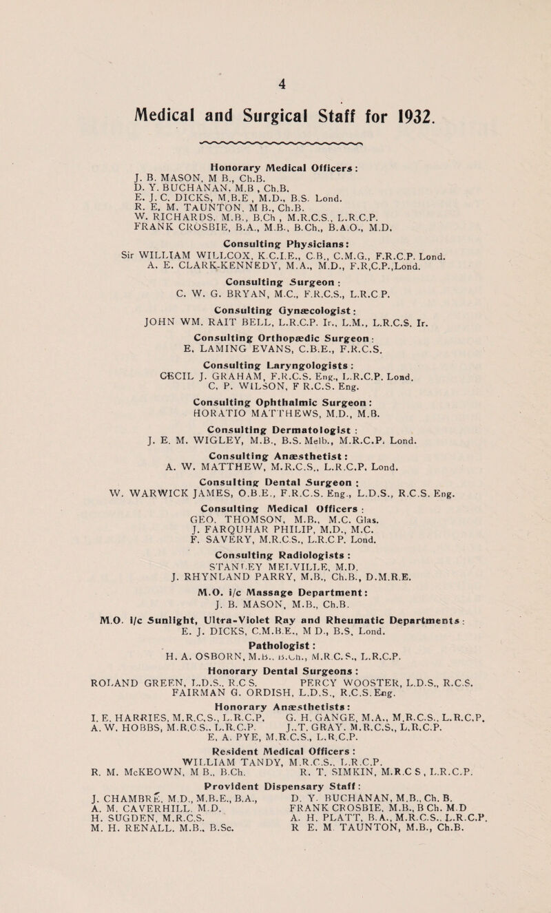 Medical and Surgical Staff for 1932. Honorary Medical Officers: J. B. MASON. M B„ Ch.B. D. Y. BUCHANAN. M.B , Ch.B. E. J. C. DICKS, M.B.E , M.D., B.S. Lend. R. E. M. TAUNTON. M B., Ch.B. W. RICHARDS, M.B., B.Ch , M.R.C.S., L.R.C.P. FRANK CROSBIE, B.A., M.B., B.Ch., B.A.O., M.D, Consulting- Physicians: Sir WILLIAM WILLCOX, K.C.I.E., C.B., C.M.G., F.R.C.P. Lond. A. E. CLARK-KENNEDY, M.A., M.D., F.R,C.P.,Lond. Consulting Surgeon : C. W. G. BRYAN, M.C., F.R.C.S., L.R.C P. Consulting Gynaecologist: JOHN WM. RAIT BELL, L.R.C.P. Ir., L.M., L.R.C.S. Ir. Consulting Orthopaedic Surgeon: E. LAMING EVANS, C.B.E., F.R.C.S. Consulting Laryngologists : CECIL J. GRAHAM, F.R.C.S. Eng., L.R.C.P. Lond C, P. WILSON, F R.C.S. Eng. Consulting Ophthalmic Surgeon: HORATIO MATTHEWS, M.D., M.B. Consulting Dermatologist : J. E. M. WIGLEY, M.B., B.S. Melb., M.R.C.P, Lond. Consulting Anaesthetist: A. W. MATTHEW, M.R.C.S., L.R.C.P, Lond. Consulting Dental Surgeon : W. WARWICK JAMES, O.B.E., F.R.C.S. Eng., L.D.S., R.C.S. Eng. Consulting Medical Officers ; GEO. THOMSON, M.B., M.C. Glas. J. FARQUHAR PHILIP, M.D., M.C. F. SAVERY, M.R.C.S., L.R.C P. Lond. Consulting Radiologists : STANLEY MELVILLE, M.D. J. RHYNLAND PARRY, M.B., Ch.B., D.M.R.E. M.O. i/c Massage Department: J. B. MASON, M.B., Ch.B. M.O. i/c Sunlight, Ultra-Violet Ray and Rheumatic Departments: E. J. DICKS, C.M.B.E., M D., B.S. Lond. Pathologist: H. A. OSBORN, M.B.. B.Ch., M.R.C.S., L.R.C.P. Honorary Dental Surgeons : ROLAND GREEN, L.D.S.. R.C S. PERCY WOOSTER, L.D.S., R.C.S. FAIRMAN G. ORDISH, L.D.S., R.C.S.Er.g. Honorary Anaesthetists: I. E. HARRIES, M.R.C.,S., L.R.C.P. G. H. GANGE, M.A., M.R.C.S., L.R.C.P. A. W. HOBBS, M.R,C S.. L.R.C.P. J..T. GRAY. M.R.C.S., L.R.C.P. E. A. PYE, M.R.C.S., L.R.C.P. Resident Medical Officers : WILLIAM TANDY, M.R.C.S., L.R.C.P. R. M. McKEOWN, M B., B.Ch. R. T. SIMKIN, M.R.C S , L.R.C.P. Provident Dispensary Staff: J. CHAMBRE, M.D., M.B.E., B.A., D. Y. BUCHANAN, M.B., Ch. B. A. M. CAVERHILL. M.D. FRANK CROSBIE. M.B., B Ch. M.D H. SUGDEN, M.R.C.S. A. H. PLATT. B. A., M.R.C.S.. L.R.C.P. M. H. RENALL. M.B.. B.Sc. R E. M TAUNTON, M.B., Ch.B.