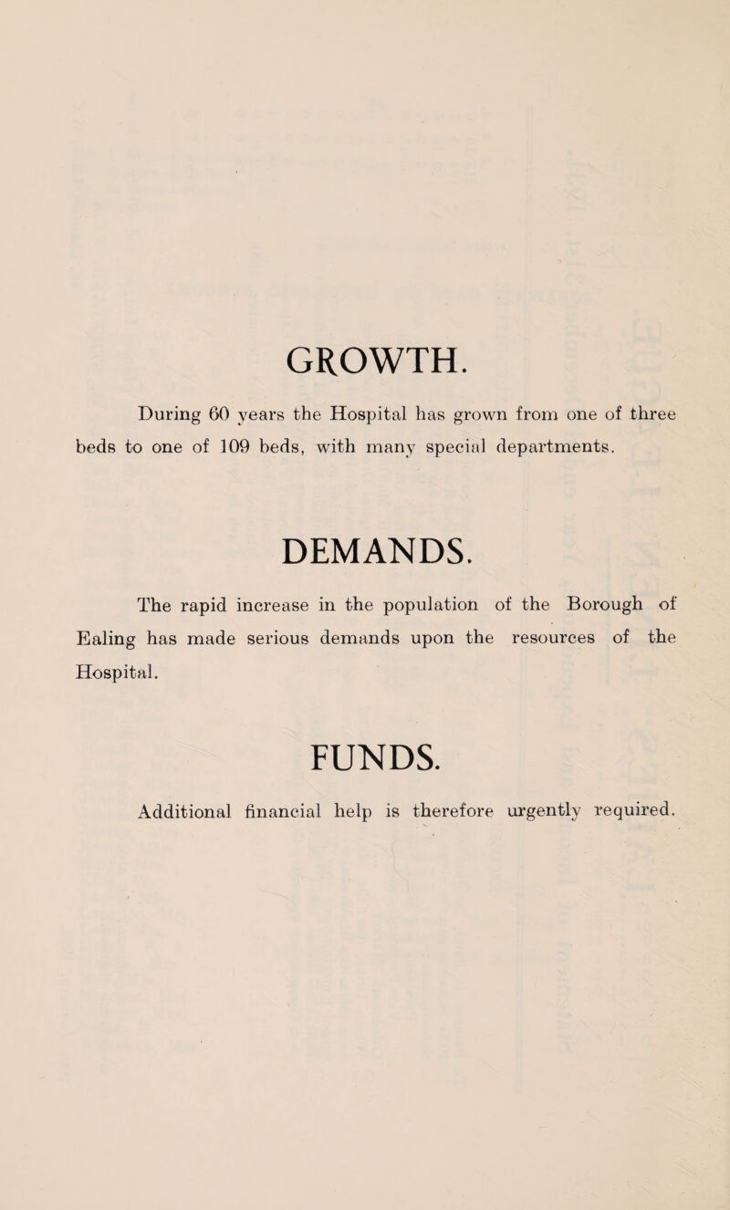 GROWTH. During 60 years the Hospital has grown from one of three beds to one of 109 beds, with many special departments. DEMANDS. The rapid increase in the population of the Borough of Ealing has made serious demands upon the resources of the Hospital. FUNDS. Additional financial help is therefore urgently required.
