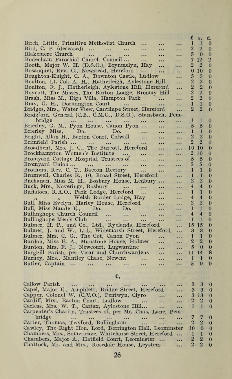 £ Birch, Little, Primitive Methodist Church ... ... ... 1 Bird, C. P. (deceased) ... ... ... ... ... ... 2 Blakemere Church ... ... ... ... ... ... 5 Bodenham Parochial Church Council... ... ... ... 7 Booth, Major W. H. (D.S.O.), Brynmelyn, Hay ... ... 2 Bosanquet, Rev. G., Newstead, Hereford ... ... ... 0 Boughton-Knight, C. A., Downton Castle, Ludlow ... 5 Boulton, Lt.-Col. A. H., Hatherleigh, Aylestone Hill ... 2 Boulton, P. J., Hatherleigh, Aylestone Hill, Hereford ... 2 Boycott, The Misses, The Barton Lodge, Broomy Hill ... 2 Brash, Miss M., Eign Villa, Hampton Park ... ... 2 Bray, G. H., Dormington Court ... ... ... ... 1 Bridges, Mrs., Water View, Cantilupe Street, Hereford ... 2 Bridgford, General (C.B., C.M.G., D.S.O.), Stansbach, Pern- bridge ... ... ... ... ... ... ... 1 Brierley, G. M., Pyon House, Canon Pyon ... ... ... 5 Brierley Miss, Do. Do. ... ... ... 1 Bright, Allan H., Barton Court, Colwall ... ... ... 2 Brimfield Parish ... ... ... ... ... ... ... 2 Broadbent, Mrs. J. C., The Burcott, Hereford ... ... 10 Brockhampton Women’s Institute ... ... ... ... 2 Bromyard Cottage Hospital, Trustees of ... ... ... 5 Bromyard Union... ... ... ... ... ... ... 5 Brothers, Rev. C. T., Bacton Rectory ... ... ... 1 Brumwell, Charles E., 10, Broad Street, Hereford ... 1 Buchanan, Miss M. H., Bosbury House, Ledbury ... ... 2 Buck, Mrs., Noverings, Bosbury ... ... ... ... 4 Buffaloes, R.A.O., Park Lodge, Hereford ... . 1 ,, . ,, Welsh Border Lodge, Hay ... ... 4 Bull, Miss Evelyn, Harley House, Hereford ... ... 2 Bull, Miss Maude E., Do. Do. ... ... 1 Bullinghope Church Council ... ... ... ... ... 4 Bullinghope Men’s Club ... ... ... ... ... 1 Bulmer, H. P., and Co., Ltd., Ryelands, Hereford ... 15 Bulmer, J. and W., Ltd., Widemarsh Street, Hereford ... 3 Bulmer, Mrs. C. G., The Cot, Canon Pyon ... ... 1 Burdon, Miss E. A., Munstone House, Holmer ... ... 2 Burdon, Mrs. F. J., Newcourt, Lugwardine ... ... 5 Burgbill Parish, per Vicar and Churchwardens ... ... 11 Burney, Mrs., Mantley Chase, Newent ... ... ... 1 Butler, Captain ... ... ... ... ... ... ... 5 C. Callow Parish ... ... ... ... ... ... ... 3 Capel, Major E., Amphlett, Bridge Street, Hereford ... 3 Capper, Colonel W. (C.V.O.), Pentwyn, Clyro ... ... 3 Cardiff, Mrs., Easton Court, Ludlow ... ... ... 2 Carless, Mrs. W. T., Carfax, Aylestone Hill... ... ... 1 Carpenter’s Charity, Trustees of, per Mr. Chas. Lane, Pern- bridge . 7 Carter, Thomas, Twyford, Bullingham ... ... ... 2 Cawley, The Right Hon. Lord, Berrington Hall, Leominster 10 Chambers, Mrs., Somerleaze, Whitehorse Street, Hereford ... 1 Chambers, Major A., Hatfield Court, Leominster ... ... 2 Chattock, Mr. and Mrs., Rosedale House, Leysters ... 2 26 s. d. 1 0 2 0 0 0 12 2 2 0 10 0 5 0 2 0 2 0 2 0 2 0 1 0 2 0 1 0 5 0 1 0 2 0 2 0 10 0 10 0 5 0 5 0 1 0 1 0 2 0 4 0 1 0 4 0 2 0 1 0 4 0 1 0 15 0 3 0 1 0 2 0 0 0 14 8 1 0 0 0 3 0 3 0 13 0 2 0 1 0 7 0 2 0 0 0 1 0 2 0 2 0