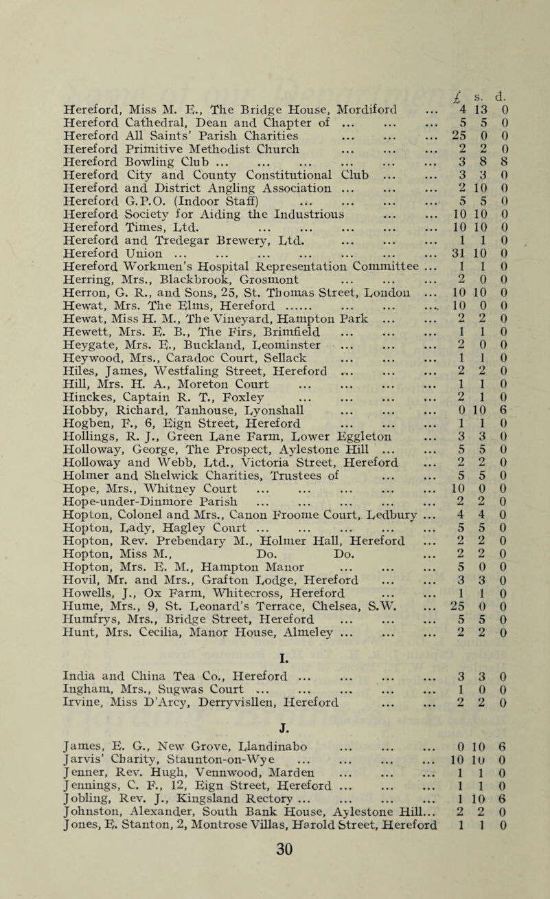 Hereford, Miss M. E., The Bridge House, Mordiford Hereford Cathedral, Dean and Chapter of ... Hereford All Saints’ Parish Charities Hereford Primitive Methodist Church Hereford Bowling Club ... Hereford City and County Constitutional Club Hereford and District Angling Association ... Hereford G.P.0. (Indoor Staff) Hereford Society for Aiding the Industrious Hereford Times, Ltd. Hereford and Tredegar Brewery, Btd. Hereford Union ... Hereford Workmen’s Hospital Representation Committee Herring, Mrs., Blackbrook, Grosmont Herron, G. R., and Sons, 25, St. Thomas Street, Don don Hewat, Mrs. The Blms, Hereford . Hewat, Miss H. M., The Vineyard, Hampton Park ... Hewett, Mrs. E. B., The Firs, Brimfield Heygate, Mrs. E., Buckland, Leominster Hey wood, Mrs., Caradoc Court, Sellack Hiles, James, Westfaling Street, Hereford ... Hill, Mrs. H. A., Moreton Court Hinckes, Captain R. T., Foxley Hobby, Richard, Tanhouse, Lyonshall Hogben, F., 6, Eign Street, Hereford Hollings, R. J., Green Lane Farm, Lower Eggleton Holloway, George, The Prospect, Aylestone Hill ... Holloway and Webb, Ltd., Victoria Street, Hereford Holmer and Shelwick Charities, Trustees of Hope, Mrs., Whitney Court Hope-under-Dinmore Parish Hopton, Colonel and Mrs., Canon Froome Court, Ledbury Hopton, Lady, Hagley Court ... Hopton, Rev. Prebendary M., Holmer Hall, Hereford Hopton, Miss M., Do. Do. Hopton, Mrs. E. M., Hampton Manor Hovil, Mr. and Mrs., Grafton Lodge, Hereford Howells, J., Ox Farm, Whitecross, Hereford Hume, Mrs., 9, St. Leonard’s Terrace, Chelsea, S.W. Humfrys, Mrs., Bridge Street, Hereford Hunt, Mrs. Cecilia, Manor House, Almeley ... I. India and China Tea Co., Hereford ... Ingham, Mrs., Sugwas Court ... Irvine, Miss D’Arcy, Derryvisllen, Hereford 1 s. d. 4 13 0 5 5 0 25 0 0 2 2 0 3 8 8 3 3 0 2 10 0 5 5 0 10 10 0 10 10 0 1 1 0 31 10 0 1 1 0 2 0 0 10 10 0 10 0 0 2 2 0 1 1 0 2 0 0 1 1 0 2 2 0 1 1 0 2 1 0 0 10 6 1 1 0 3 3 0 5 5 0 2 2 0 5 5 0 10 0 0 2 2 0 4 4 0 5 5 0 2 2 0 2 2 0 5 0 0 3 3 0 1 1 0 25 0 0 5 5 0 2 2 0 3 3 0 1 0 0 2 2 0 J. James, E. G., New Grove, Llandinabo Jarvis’ Charity, Staunton-on-Wye J enner, Rev. Hugh, Vennwood, Marden Jennings, C. F., 12, Eign Street, Hereford ... Jobling, Rev. J., Kingsland Rectory ... Johnston, Alexander, South Bank House, Aylestone Hill... Jones, E. Stanton, 2, Montrose Villas, Harold Street, Hereford 0 10 6 10 10 0 1 1 0 1 1 0 1 10 6 2 2 0 1 1 0