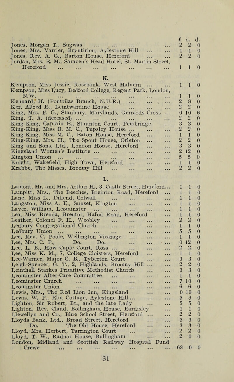 £ s. Jones, Morgan T., Sugwas ... ... ... ... 2 2 Jones, Mrs. Varrier, Brvntirion, Aylestone Hill ... ... 1 1 Jones, Rev. A. G., Barton House, Heieford ... ... 2 2 Jordan, Mrs. H. M., Saracen’s Head Hotel, St. Martin Street, Hereford ... ... ... ... ... ... ... 1 1 K. Kempson, Miss Jessie, Rosebank, West Malvern ... ... 1 1 Kempson, Miss Rucy, Bedford College, Regent Park, Rondon, N.W. ... ... ... ... ... ... ... 1 1 Kennard, H. (Pontrilas Branch, N.U.R.) ... . 2 8 Ker, Alfred H., Reintwardine House ... ... ... 2 2 King, Mrs. F. G., Stanbury, Marylands, Gerrards Cross ... 0 10 King, T. A. (deceased) ... ... ... ... ... ... 2 2 King-King, Captain F., Staunton Court, Pembridge ... 3 3 King-King, Miss B. M. C., Tupsley House ... ... ... 2 2 King-King, Miss M. C., Raton House, Hereford ... ... 1 1 King-King, Mrs. H., The Spout House, Orleton ... ... 2 2 King and Sons, Rtd., Rond on House, Hereford ... ... 3 3 Kingsland Women’s Institute ... ... ... ... ... 212 Kington Union ... ... ... ... ... ... ... 5 5 Knight, Wakefield, High Town, Hereford ... ... ... 1 1 Krabbe, The Misses, Broomy Hill ... ... ... ... 2 2 L. Ramont, Mr. and Mrs. Arthur H., 3, Castle Street, Hereford... 1 1 Rampitt, Mrs., The Beeches, Breinton Road, Hereford ... 1 1 Rane, Miss R., Dill end, Col wall ... ... ... ... 1 1 Rangston, Miss A. F., Sunset, Kington ... ... ... 1 1 Raver, William, Reominster ... ... ... ... ... 1 1 Rea, Miss Brenda, Brentor, Hafod Road, Hereford ... 1 1 Reather, Colonel F. H., Weobley ... ... ... ... 2 2 Redbury Congregational Church ... ... ... ... 1 1 Redbury Union ... ... ... ... ... ... ... 5 5 Ree, Rev. C. Poole, Wellington Vicarage ... ... ... 1 1 Ree, Mrs. C. P., Do. Do. ... ... ... 0 12 Ree, R. B., How Caple Court, Ross ... ... ... ... 2 2 Ree, Miss K. M., 7, College Cloisters, Hereford ... ... 1 1 Ree-Warner, Major C. B., Tyberton Court ... ... 3 3 Reigh-Spencer, G. T., 2, Highlands, Broomy Hill ... ... 2 2 Reinthall Starkes Primitive Methodist Church ... ... 3 3 Reominster After-Care Committee ... ... ... ... 1 1 Reominster Church ... ... ... ... ... ... 710 Reominster Union ... ... ... ... ... ... 6 6 Rewis, Mrs., The Red Rion Inn, Kingsland ... ... 0 10 Rewis, W. P., Him Cottage, Aylestone Hill... ... ... 3 3 Righton, Sir Robert, Bt., and the late Rady ... ... 5 5 Righton, Rev. Claud, Bollingham House, Hardisley ... 1 1 Rlewellyn and Co., Blue School Street, Hereford ... ... 2 2 Rloyds Bank, Rtd., Broad Street, Hereford ... ... 3 3 Do. The Old House, Hereford ... ... 3 3 Rloyd, Mrs. Herbert, Tarrington Court ... ... ... 2 2 Rloyd, T. W., Radnor House, Bullingham ... ... 2 0 Rondon, Midland and Scottish Railway Hospital Fund Crewe ... ... ... ... ... ... ... 03 0 d. 0 0 0 0 0 0 0 0 6 0 0 0 0 0 0 0 0 0 0 0 0 0 0 0 0 0 0 0 0 0 0 0 0 0 0 0 0 0 0 0 0 0 0 0 0 0 0 0