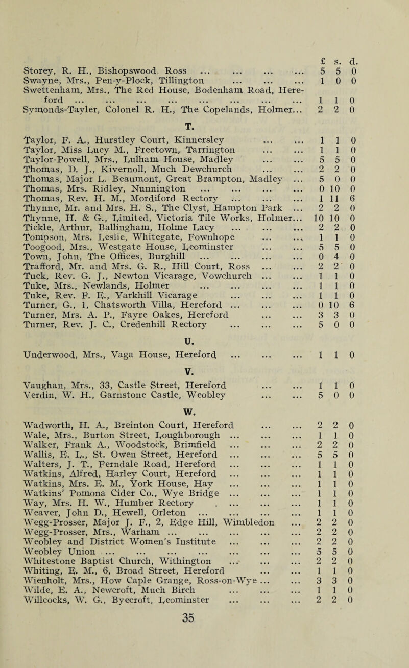 £ Storey, R. H., Bishopswood. Ross ... ... ... ... 5 Swayne, Mrs., Pen-y-Plock, Tillington ... ... ... 1 Swettenham, Mrs., The Red House, Bodenham Road, Here- f or d ... ... ... ... ... ... ... ... 1 Symonds-Tayler, Colonel R. H., The Copelands, Holmer... 2 T. Taylor, P. A., Hurstley Court, Kinnersley Taylor, Miss Rucy M., Freetown, Tarrington Taylor-Powell, Mrs., Rulham House, Madley Thomas, D. J., Kivernoll, Much Dewchurch Thomas, Major R. Beaumont, Great Brampton, Madley Thomas, Mrs. Ridley, Nunnington Thomas, Rev. H. M., Mordiford Rectory Thynne, Mr. and Mrs. H. S., The Clyst, Hampton Park Thynne, H. & G., Rimited, Victoria Tile Works, Holmer Tickle, Arthur, Ballingham, Holme Racy Tompson, Mrs. Reslie, Whitegate, Fownhope Toogood, Mrs., Westgate House, Reominster Town, John, The Offices, Burghill Trafford, Mr. and Mrs. G. R., Hill Court, Ross Tuck, Rev. G. J., Newton Vicarage, Vowchurch ... Tuke, Mrs., Newlands, Holmer Tuke, Rev. F. R., Yarkhill Vicarage Turner, G., 1, Chatsworth Villa, Hereford ... Turner, Mrs. A. P., Fayre Oakes, Hereford Turner, Rev. J. C., Credenhill Rectory U. Underwood, Mrs., Vaga House, Hereford . V. Vaughan, Mrs., 33, Castle Street, Hereford Verdin, W. H., Garnstone Castle, Weobley W. Wadworth, H. A., Breinton Court, Hereford Wale, Mrs., Burton Street, Roughborough ... Walker, Frank A., Woodstock, Brimfield Wallis, F. R., St. Owen Street, Hereford Walters, J. T., Ferndale Road, Hereford Watkins, Alfred, Harley Court, Hereford Watkins, Mrs. R. M., York House, Hay Watkins' Pomona Cider Co., Wye Bridge ... Way, Mrs. H. W., Humber Rectory Weaver, John D., Hewell, Orleton Wegg-Prosser, Major J. F., 2, Rdge Hill, Wimbledon Wegg-Prosser, Mrs., Warham ... Weobley and District Women’s Institute Weobley Union ... Whitestone Baptist Church, Withington Whiting, R. M., 6, Broad Street, Hereford Wienholt, Mrs., How Caple Grange, Ross-on-Wye ... Wilde, R. A., Newcroft, Much Birch 1 1 5 2 5 0 1 2 10 2 1 5 0 2 1 1 1 0 3 5 1 1 5 2 1 2 5 1 1 1 1 1 1 2 2 2 5 2 1 3 1 35 s. cl. 5 0 0 0 1 0 2 0 1 0 1 0 5 0 2 0 0 0 10 0 11 6 2 0 10 0 2 0 1 0 5 0 4 0 2 0 1 0 1 0 1 0 10 6 3 0 0 0 1 0 1 0 0 0 2 0 1 0 2 0 5 0 1 0 1 0 1 0 1 0 1 0 1 0 2 0 2 0 2 0 5 0 2 0 1 0 3 0 1 0