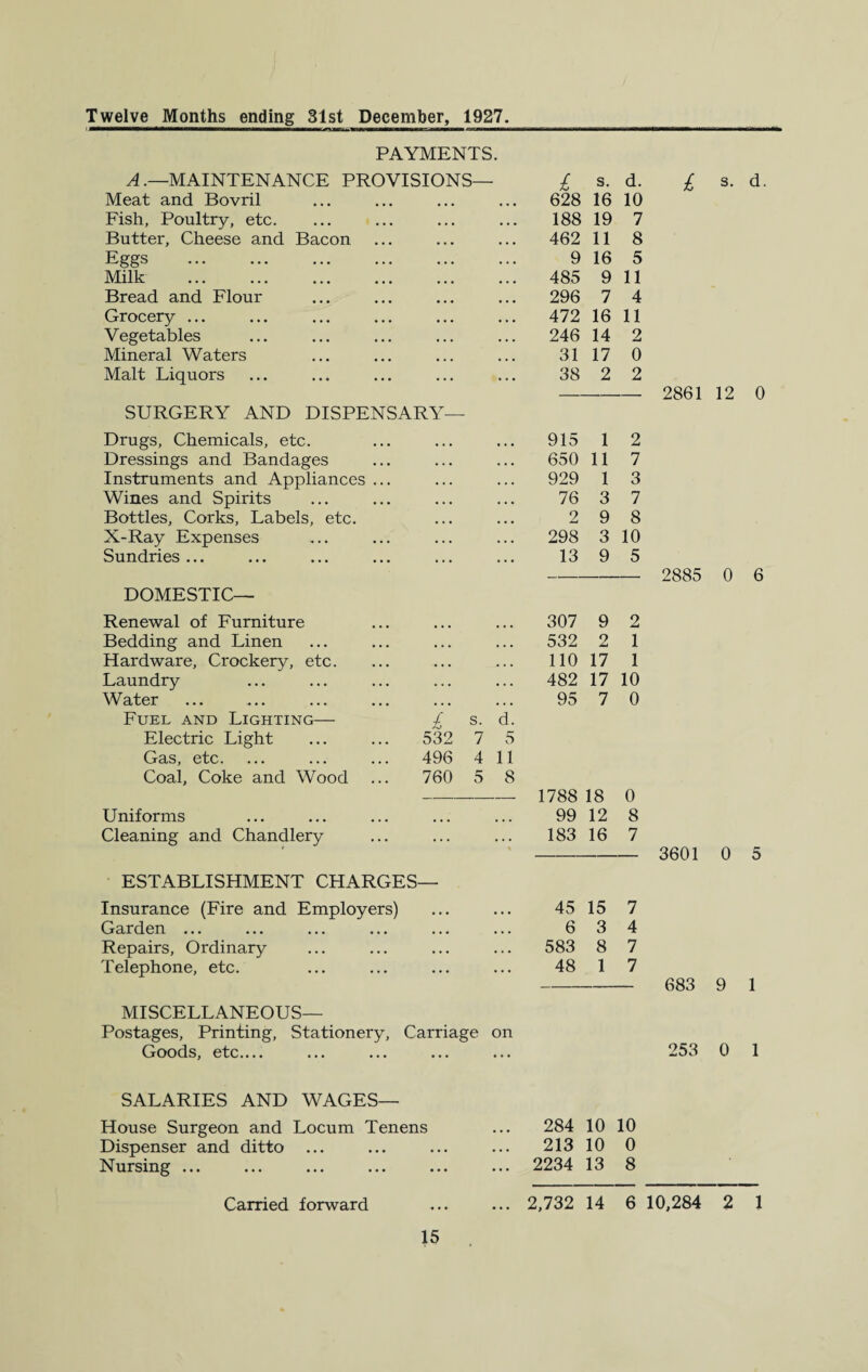 Twelve Months ending 31st December, 1927. PAYMENTS. A .—MAINTENANCE PROVISIONS— Meat and Bovril Fish, Poultry, etc. Butter, Cheese and Bacon Eggs . Milk Bread and Flour Grocery ... Vegetables Mineral Waters Malt Liquors SURGERY AND DISPENSARY— Drugs, Chemicals, etc. Dressings and Bandages Instruments and Appliances ... Wines and Spirits Bottles, Corks, Labels, etc. X-Ray Expenses Sundries ... DOMESTIC— Renewal of Furniture Bedding and Linen Hardware, Crockery, etc. Laundry Water Fuel and Lighting— £ s. d. Electric Light 532 7 5 Gas, etc. 496 4 11 Coal, Coke and Wood 760 5 8 Uniforms Cleaning and Chandlery ESTABLISHMENT CHARGES— Insurance (Fire and Employers) Garden ... Repairs, Ordinary Telephone, etc. £ s. d. 628 16 10 188 19 7 462 11 8 9 16 5 485 9 11 296 7 4 472 16 11 246 14 2 31 17 0 38 2 2 915 1 2 650 11 7 929 1 3 76 3 7 2 9 8 298 3 10 13 9 5 307 9 2 532 2 1 110 17 1 482 17 10 95 7 0 1788 18 0 99 12 8 183 16 7 45 15 7 6 3 4 583 8 7 48 1 7 £ s- d- 2861 12 0 2885 0 6 3601 0 5 683 9 1 MISCELLANEOUS— Postages, Printing, Stationery, Carriage on Goods, etc.... ... ... ... ... 253 0 1 SALARIES AND WAGES— House Surgeon and Locum Tenens Dispenser and ditto Nursing ... 284 10 10 213 10 0 2234 13 8