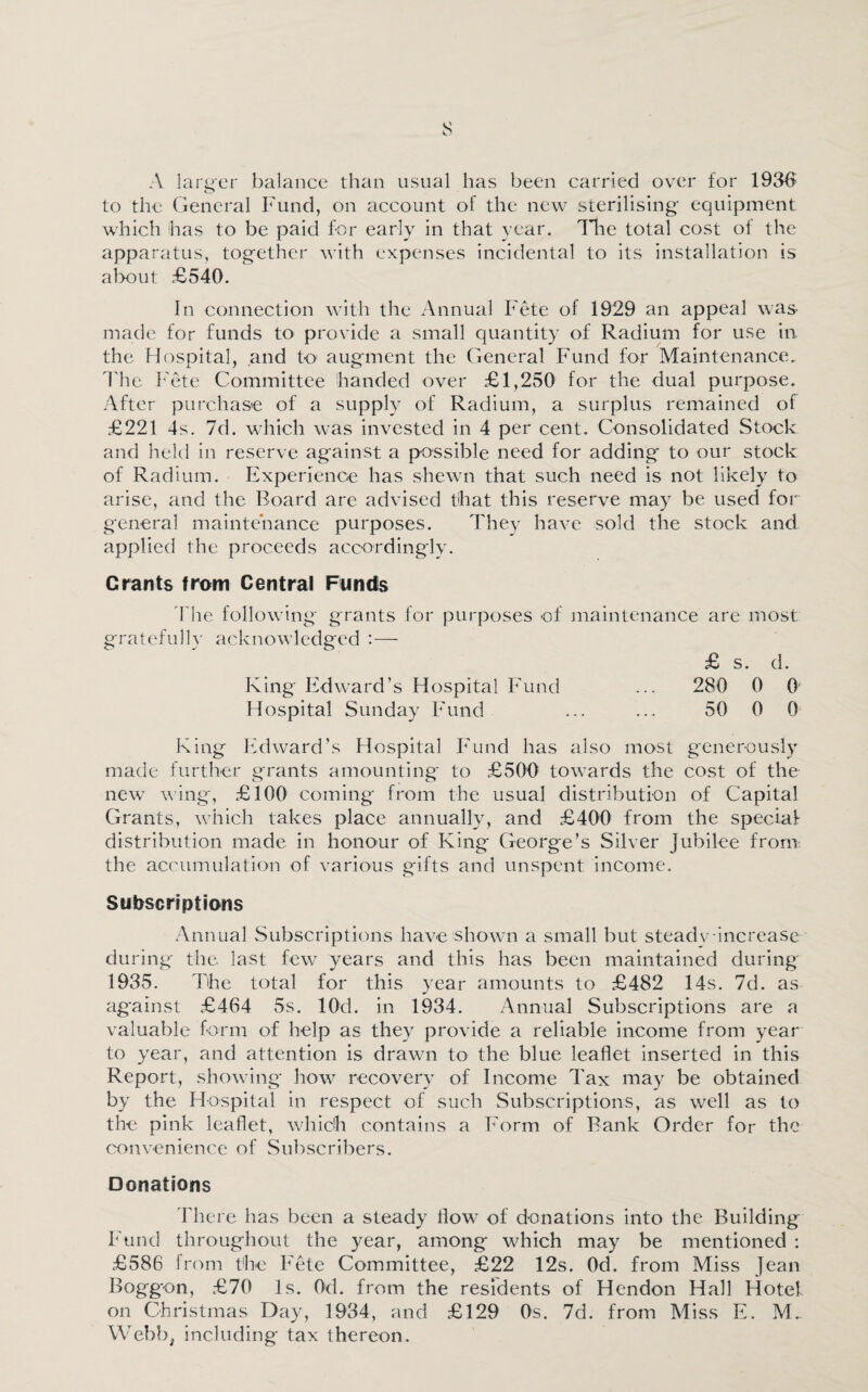 A larger balance than usual has been carried over for 1936 to the General Fund, on account of the new sterilising equipment which has to be paid for early in that year, lire total cost of the apparatus, together with expenses incidental to its installation is about £540. In connection with the Annual Fete of 1929 an appeal was made for funds to provide a small quantity of Radium for use in. the Hospital, and to augment the General Fund for Maintenance. The Fete Committee handed over £1,250 for the dual purpose. After purchase of a supply of Radium, a surplus remained of £221 4s. 7d. which was invested in 4 per cent. Consolidated Stock and held in reserve against a possible need for adding to our stock of Radium. Experience has shewn that such need is not likely to arise, and the Board are advised that this reserve may be used for general maintenance purposes. They have sold the stock and applied the proceeds accordingly. Grants from Central Funds The following grants for purposes of maintenance arc most, gratefully acknowledged £ s. d. King Edward’s Hospital Fund ... 280 0 0 Hospital Sunday Fund ... ... 50 0 0 King Edward’s Hospital Fund has also most generously made further grants amounting to £500 towards the cost of the new wing, £100 coming from the usual distribution of Capital Grants, which takes place annually, and £400 from the special distribution made in honour of King George’s Silver Jubilee from the accumulation of various gifts and unspent income. Subscriptions Annual Subscriptions have shown a small but steady increase during the last few years and this has been maintained during 1935. The total for this year amounts to £482 14s. 7d. as against £464 5s. lOd. in 1934. Annual Subscriptions are a valuable form of help as they provide a reliable income from year to year, and attention is drawn to the blue leaflet inserted in this Report, showing how recovery of Income Tax may be obtained by the Hospital in respect of such Subscriptions, as well as to the pink leaflet, which contains a Form of Bank Order for the convenience of Subscribers. Donations There has been a steady flow of donations into the Building Fund throughout the year, among which may be mentioned : £586 from the Fete Committee, £22 12s. Od. from Miss Jean Boggon, £70 Is. Od. from the residents of Hendon Hall Hotel on Christmas Day, 1934, and £129 0s. 7d. from Miss E. M. Webb, including tax thereon.