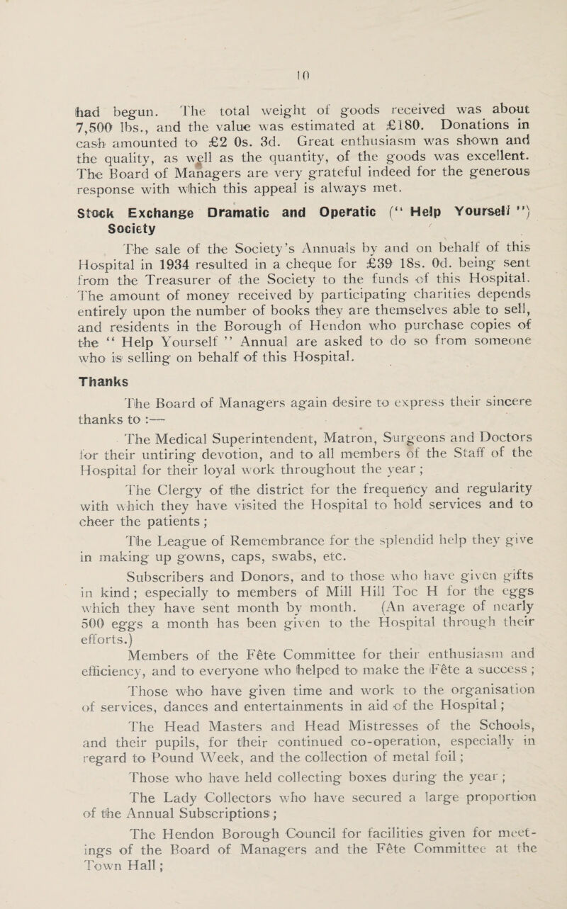 lhad begun. The total weight of goods received was about 7,500 lbs., and the value was estimated at £180. Donations in cash amounted to £2 Os. 3d. Great enthusiasm was shown and the quality, as well as the quantity, of the goods was excellent. The Board of Managers are very grateful indeed for the generous response with which this appeal is always met. Stuck Exchange Dramatic and Operatic (“ Help Yourself ) Society / The sale of the Society ’s Annuals by and on behalf of this Hospital in 1934 resulted in a cheque for £39 18s. Od. being sent from the Treasurer of the Society to the funds of this Hospital. The amount of money received by participating charities depends entirely upon the number of books they are themselves able to sell, and residents in the Borough of Hendon who purchase copies of the “ Help Yourself ” Annual are asked to do so from someone who is selling on behalf of this Hospital. Thanks The Board of Managers again desire to express their sincere thanks to :— The Medical Superintendent, Matron, Surgeons and Doctors lor their untiring devotion, and to all members of the Staff of the Hospital for their loyal work throughout the year ; The Clergy of the district for the frequency and regularity with which they have visited the Hospital to hold services and to cheer the patients; The League of Remembrance for the splendid help they give in making up gowns, caps, swabs, etc. Subscribers and Donors, and to those who have given gifts in kind; especially to members of Mill Hill Toe H for the eggs which they have sent month by month. (An average of nearly 500 eggs a month has been given to the Hospital through their efforts.) Members of the Fete Committee for their enthusiasm and efficiency, and to everyone who helped to make the iF£te a success ; Those who have given time and work to the organisation of services, dances and entertainments in aid of the Hospital; The Head Masters and Head Mistresses of the Schools, and their pupils, for their continued co-operation, especially in regard to Pound Week, and the collection of metal foil; Those who have held collecting boxes during the year ; The Lady Collectors who have secured a large proportion of the Annual Subscriptions ; The Hendon Borough Council for facilities given for meet¬ ings of the Board of Managers and the Fete Committee at the Town Hall;