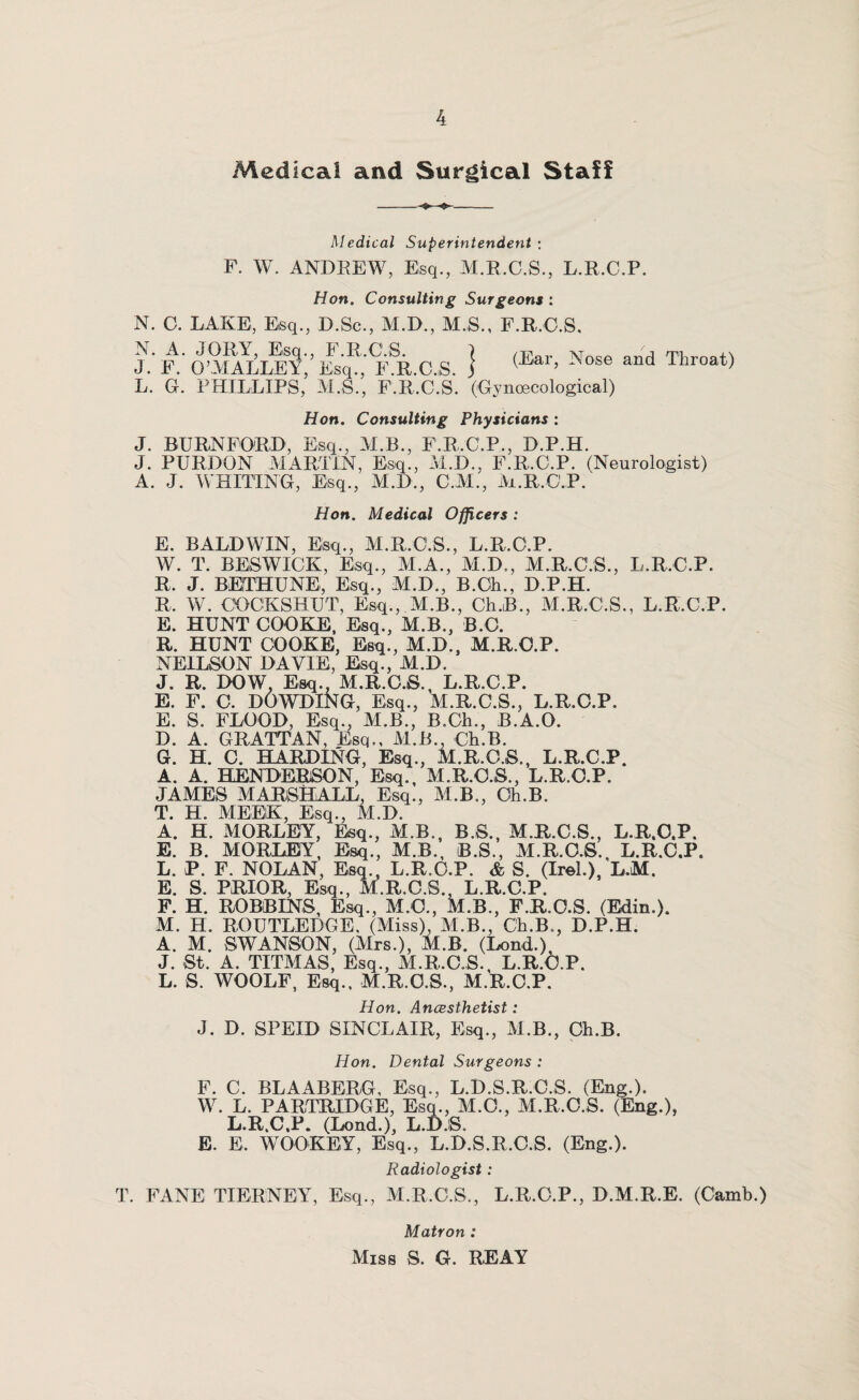 Medical and Surgical Staff Medical Superintendent : F. W. ANDREW, Esq., M.R.C.S., L.R.C.P. Hon. Consulting Surgeons : N. O. LAKE, Esq., I).Sc., M.D., M.S., F.R.C.S. N. A. JORY, Esq., F.R.C.S. /jgar T^ose anci Throat') J. F. O’MALLEY, Esq., F.R.C.S. ) { ’ se and lliroat) L. G. PHILLIPS, M.S., F.R.C.S. (Gynaecological) Hon. Consulting Physicians : J. BURNFORD, Esq., M.B., F.R.C.P., D.P.H. J. PURDON MARTIN, Esq., M.D., F.R.C.P. (Neurologist) A. J. WHITING, Esq., M.D., C M., M.R.O.P. Hon. Medical Officers: E. BALDWIN, Esq., M.R.C.S., L.R.C.P. W. T. RES WICK, Esq., M.A., M.D., M.R.C.S., L.R.C.P. R. J. BETHUNE, Esq., M.D., B.Cli., D.P.H. R. W. COCKSHUT, Esq., M.B., Ch.R., M.R.C.S., L.R.C.P. E. HUNT COOKE, Esq., M.B., B.C. R. HUNT COOKE, Esq., M.D., M.R.O.P. NEILSON DAVIE, Esq., M.D. J. R. DOW, Esq., M.R.C.S., L.R.C.P. E. F. C. DOWDING, Esq., M.R.C.S., L.R.C.P. E. S. FLOOD, Esq., M.B., B.Ch., B.A.O. D. A. GRATTAN, Esq., M.B., Ch.B. G. H. C. HARDING, Esq., M.R.O.3., L.R.C.P. A. A. HENDERSON, Esq., M.R.C.S., L.R.C.P. JAMES MARSHALL, Esq., M.B., Ch.B. T. H. MEEK, Esq., M.D. A. H. MORLEY, Esq., M.B., B.S., M.R.C.S., L.R.C.P. E. B. MORLEY, Esq., M.B., B.S., M.R.C.S., L.R.C.P. L. P. F. NOLAN, Esq., L.R.C.P. & S. (Irel.), L.M. E. S. PRIOR, Esq., M.R.C.S., L.R.C.P. F. H. ROBBINS, Esq., M.C., M.B., F.R.C.S. (Edin.). M. H. ROUTLEDGE, (Miss), M.B., Ch.B,, D.P.H. A. M. SWANSON, (Airs.), M.B. (Lond.) J. St. A. TITMAS, Esq., M.R.C.S. L.R.C.P. L. S. WOOLF, Esq., M.R.C.S., M.R.O.P. Hon. Ancesthetist: J. D. SPEID SINCLAIR, Esq., M.B., Ch.B. Hon. Dental Surgeons : F. C. BLAABERG, Esq., L.D.S.R.C.S. (Eng.). W. L. PARTRIDGE, Esq., M.O., M.R.C.S. (Eng.), L.R.C.P. (Lond.), L.D.S. E. E. WOO KEY, Esq., L.D.S.R.C.S. (Eng.). Radiologist: T. FANE TIERNEY, Esq., M.R.C.S,, L.R.C.P., D.M.R.E. (Camb.) Matron : Miss S. G. RE AY
