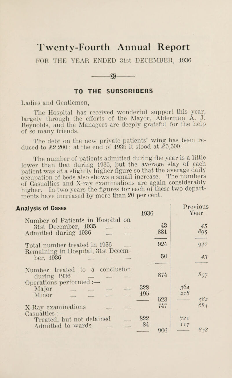 Twenty-Fourth Annual Report FOR THE YEAR ENDED 31st DECEMBER, 1936 -*-— TO THE SUBSCRIBERS Ladies and Gentlemen, The Hospital has received wonderful support this year, largely through the efforts of the Mayor, Alderman A. J. Reynolds, and the Managers are deeply grateful for the help of so many friends. The debt on the new private patients’ wing has been re¬ duced to £2,200 ; at the end of 1935 it stood at £5,500. The number of patients admitted during the year is a little lower than that during 1935, but the average stay of each patient was at a slightly higher figure so that the average daily occupation of beds also shows a small increase. The numbers of Casualties and X-ray examinations are again considerably higher. In two years the figures for each of these two depart¬ ments have increased by more than 20 per cent. Analysis of Cases 1936 Number of Patients in Hospital on 31st December, 1935 . 43 Admitted during 1936 . 881 Previous Year 45 895 Total number treated in 1936 . 924 Remaining in Hospital, 31st Decem¬ ber, 1936 . 50 Number treated to a conclusion during 1936 874 Operations performed :— Major . 828 Minor . 185 - 523 X-Ray examinations . 747 Casualties :— Treated, but not detained . 822 Admitted to wards . 84 - 906 940 43 897 364 218 - ^82 684 721 117 - 838