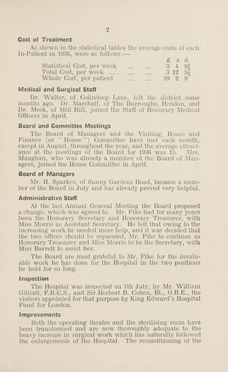 Cost of Treatment As shewn in the statistical tables the average costs of each In-Patient in 1936, were as follows :— Whole Cost, per patient Statistical Cost, per week Total Cost, per week . £ s. d. 3 4 8J 3 12 ^ 10 2 9 Medical and Surgical Staff Dr. Walter, of Colindeep Lane, left the district some months ago. Dr. Marshall, of The Burroughs, Hendon, and Dr. Meek, of Mill Hill, joined the Staff of Honorary Medical Officers in April. Board and Committee Meetings The Board of Managers and the Visiting, House and Finance (or “House”) Committee have met each month, except in August, throughout the year, and the average attend¬ ance at the meetings of the Board for 1936 was 15. Mrs. Maughan, who was already a member of the Board of Man¬ agers, joined the House Committee in April. Board of Managers Mr. H. Sparkes, of Sunny Gardens Road, became a mem¬ ber of the Board in July and has already proved very helpful. Administrative Staff At the last Annual General Meeting the Board proposed a change, which was agreed to. Mr. Pike had for many years been the Honorary Secretary and Honorary Treasurer, with Miss Morris as Assistant Secretary. He felt that owing to the increasing work he needed more help, and it was decided that the two offices should be separated, Mr. Pike to continue as Honorary Treasurer and Miss Morris to be the Secretary, with Miss Barrett to assist her. The Board are most grateful to Mr. Pike for the invalu¬ able work he has done for the Hospital in the two positions he held for so long. Inspection The Hospital was inspected on 7th July, by Mr. William Gilliatt, F.R.C.S., and Sir Herbert B. Cohen, Bt., O.B.E., the visitors appointed for that purpose by King Edward’s Hospital Fund for London. Improvements Both the operating theatre and the sterilising room have been transformed and are now thoroughly adequate to the heavy increase in surgical work which has naturally followed the enlargements of the Hospital. The reconditioning of the