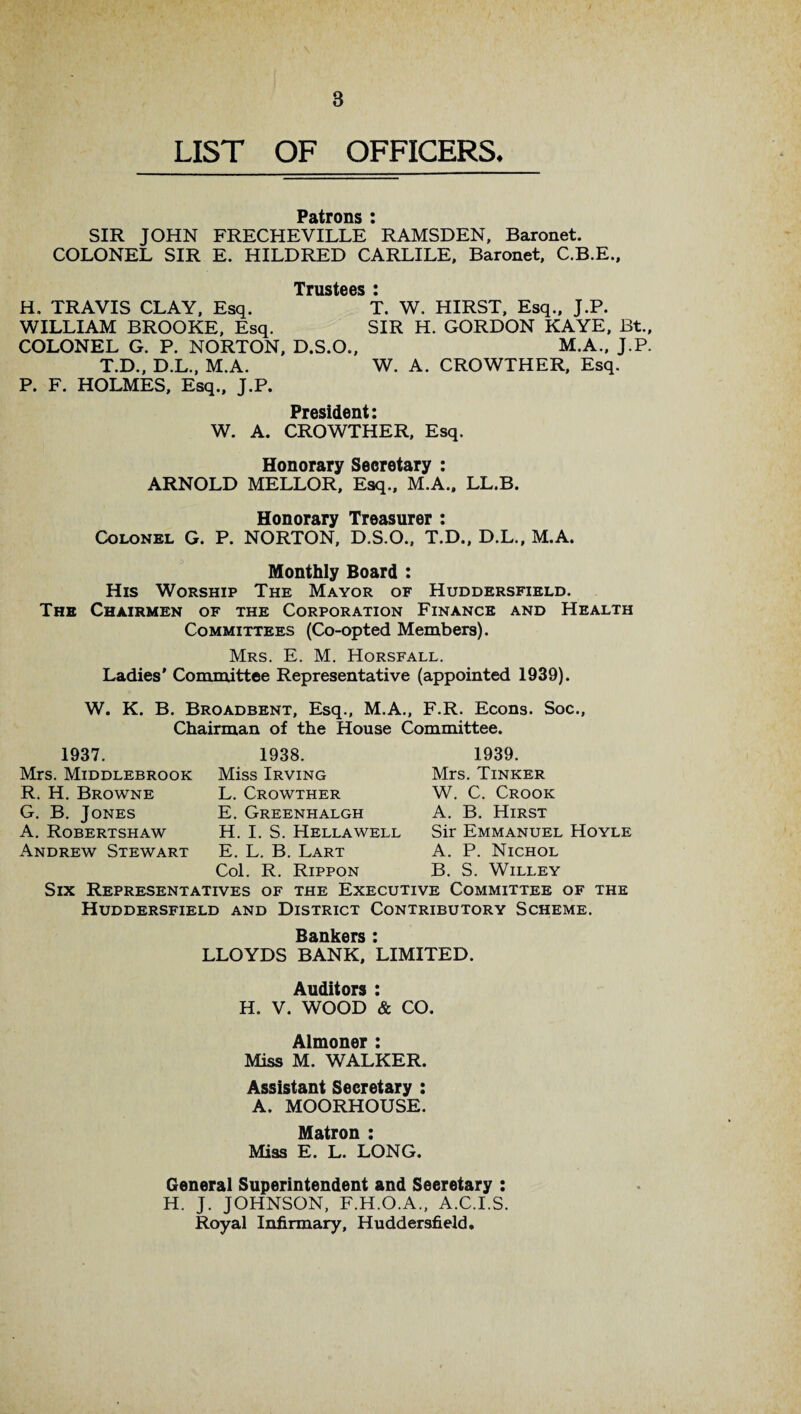 8 LIST OF OFFICERS. Patrons * SIR JOHN FRECHEVILLE * RAMSDEN, Baronet. COLONEL SIR E. HILDRED CARLILE, Baronet, C.B.E., Trustees * H. TRAVIS CLAY, Esq. T. W. HIRST, Esq., J.P. WILLIAM BROOKE, Esq. SIR H. GORDON KAYE, Bt., COLONEL G. P. NORTON, D.S.O., M.A., J.P. T.D., D.L., M.A. W. A. CROWTHER, Esq. P. F. HOLMES, Esq., J.P. President: W. A. CROWTHER, Esq. Honorary Secretary : ARNOLD MELLOR, Esq., M.A.. LL.B. Honorary Treasurer : Colonel G. P. NORTON, D.S.O., T.D., D.L., M.A. Monthly Board : His Worship The Mayor of Huddersfield. The Chairmen of the Corporation Finance and Health Committees (Co-opted Members). Mrs. E. M. Horsfall. Ladies’ Committee Representative (appointed 1939). W. K. B. Broadbent, Esq., M.A., F.R. Econs. Soc., Chairman of the House Committee. 1937. Mrs. Middlebrook R. H. Browne G. B. Jones A. Robertshaw Andrew Stewart 1938. Miss Irving L. Crowther E. Greenhalgh H. I. S. Hellawell E. L. B. Lart 1939. Mrs. Tinker W. C. Crook A. B. Hirst Sir Emmanuel Hoyle A. P. Nichol B. S. Willey Col. R. Rippon Six Representatives of the Executive Committee of the Huddersfield and District Contributory Scheme. RunlrorQ • LLOYDS BANK. LIMITED. Auditors : H. V. WOOD & CO. Almoner : Miss M. WALKER. Assistant Secretary : A. MOORHOUSE. Matron : Miss E. L. LONG. General Superintendent and Secretary : H. J. JOHNSON, F.H.O.A., A.C.I.S. Royal Infirmary, Huddersfield.