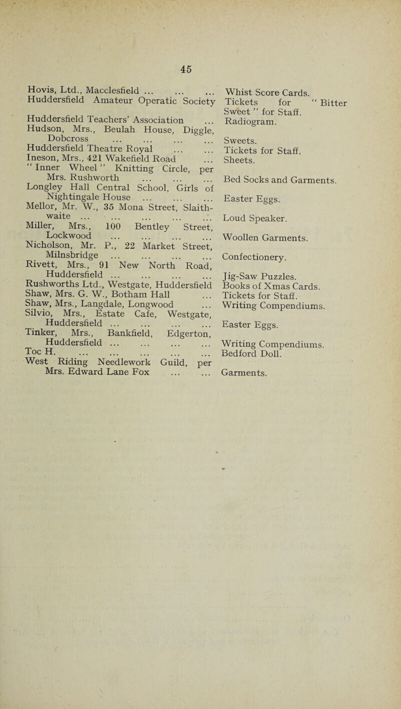 Hovis, Ltd., Macclesfield ... Huddersfield Amateur Operatic Society Huddersfield Teachers’ Association Hudson, Mrs., Beulah House, Diggle, Dobcross Huddersfield Theatre Royal Ineson, Mrs., 421 Wakefield Road “ Inner Wheel ” Knitting Circle, per Mrs. Rushworth Longley Hall Central School, Girls of Nightingale House Mellor, Mr. W., 35 Mona Street, Slaith- waite ... Miller, Mrs., 100 Bentley Street, Lockwood Nicholson, Mr. P., 22 Market Street, Milnsbridge Rivett, Mrs., 91 New North Road, Huddersfield ... Rushworths Ltd., Westgate, Huddersfield Shaw, Mrs. G. W., Botham Hall Shaw, Mrs., Langdale, Longwood Silvio, Mrs., Estate Cafe, Westgate, Huddersfield ... Tinker, Mrs., Bankfield, Edgerton, Huddersfield ... TocH. . West Riding Needlework Guild, per Mrs. Edward Lane Fox Whist Score Cards. Tickets for “ Bitter Sweet ” for Staff. Radiogram. Sweets. Tickets for Staff. Sheets. Bed Socks and Garments. Easter Eggs. Loud Speaker. Woollen Garments. Confectionery. Jig-Saw Puzzles. Books of Xmas Cards. Tickets for Staff. Writing Compendiums. Easter Eggs. Writing Compendiums. Bedford Doll. Garments.