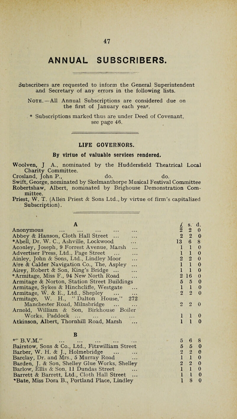 ANNUAL SUBSCRIBERS. Subscribers are requested to inform the General Superintendent and Secretary of any errors in the following lists. Note.—All Annual Subscriptions are considered due on the first of January each year. * Subscriptions marked thus are under Deed of Covenant, see page 46. LIFE GOVERNORS. By virtue of valuable services rendered. Woolven, J A., nominated by the Huddersfield Theatrical Local Charity Committee. Crosland, John P., do. do. Swift, George, nominated by Skelmanthorpe Musical Festival Committee Robertshaw, Albert, nominated by Brighouse Demonstration Com¬ mittee. Priest, W. T. (Allen Priest & Sons Ltd., by virtue of firm’s capitalized Subscription). A £ s. d. Anonymous ... ... ... ... ... 220 Abbey & Hanson, Cloth Hall Street ... ... 2 2 0 * Abell, Dr. W. C., Ashville, Lockwood ... 13 6 8 Aconley, Joseph, 9 Forrest Avenue, Marsh ... 110 Advertiser Press, Ltd., Page Street ... ... 110 Ainley, John & Sons, Ltd., Lindley Moor ... 2 2 0 Aire & Calder Navigation Co., The, Aspley ... 110 Airey, Robert & Son, King’s Bridge ... ... 110 *Armitage, Miss F., 94 New North Road ... 2 16 0 Armitage & Norton, Station Street Buildings 6 5 0 Armitage, Sykes Sc Hinchcliffe, Westgate ... 110 Armitage, W. & E., Ltd., Shepley ... ... 2 2 0 Armitage, W. H., “ Dalton House,” 272 Manchester Road, Milnsbridge ... ... 2 2 0 Arnold, William & Son, Birkhouse Boiler Works, Paddock ... ... ... ... 110 Atkinson, Albert, Thornhill Road, Marsh ... 110 B * B.V.M.” . 5 6 8 Bairstow, Sons & Co., Ltd., Fitzwilliam Street 5 5 0 Barber, W. H. & J., Holmebridge ... ... 2 2 0 Barclay, Dr. and Mrs., 5 Murray Road ... 110 Barden, J. & Son, Shelley Glue Works, Shelley 2 2 0 Barlow, Ellis & Son, 11 Dundas Street ... 110 Barrett & Barrett, Ltd., Cloth Hall Street ... I l 0 *Bate, Miss Dora B., Portland Place, Lindley 18 0