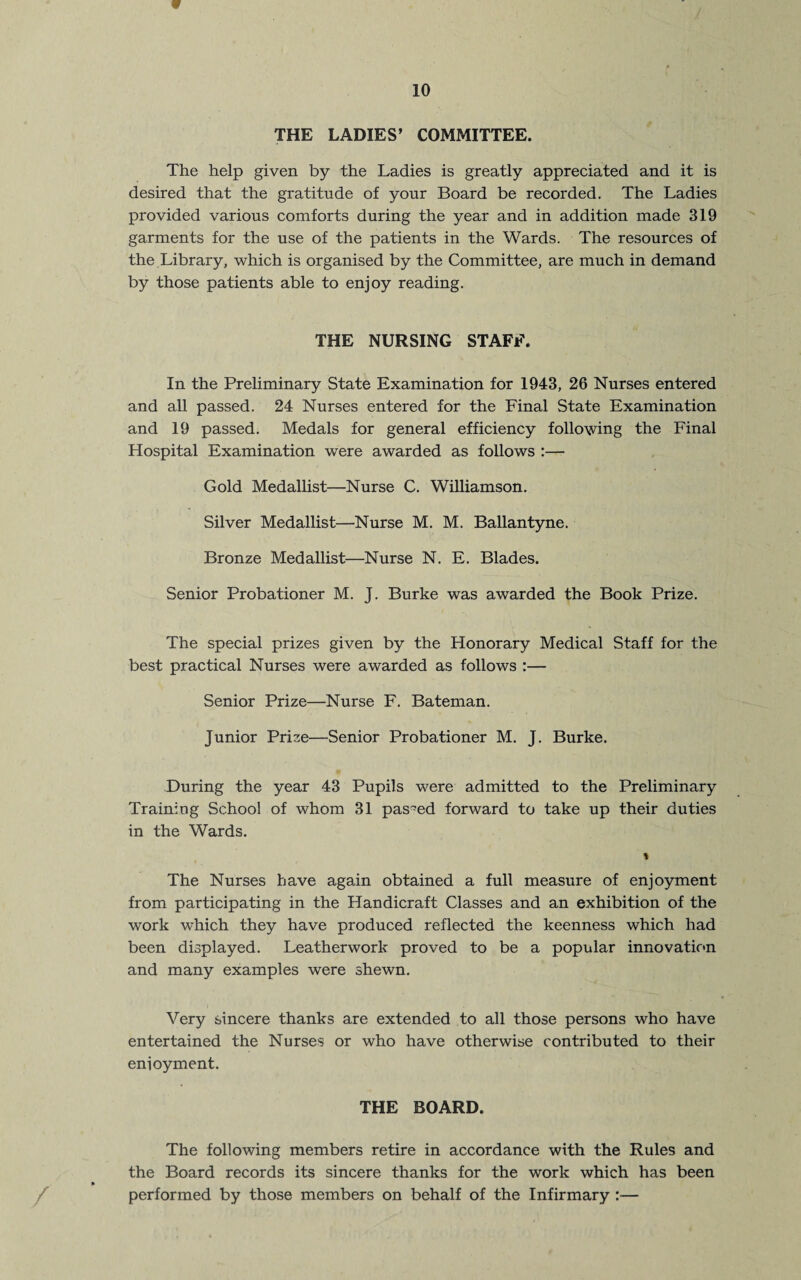 / 10 THE LADIES’ COMMITTEE. The help given by the Ladies is greatly appreciated and it is desired that the gratitude of your Board be recorded. The Ladies provided various comforts during the year and in addition made 319 garments for the use of the patients in the Wards. The resources of the Library, which is organised by the Committee, are much in demand by those patients able to enjoy reading. THE NURSING STAFF. In the Preliminary State Examination for 1943, 26 Nurses entered and all passed. 24 Nurses entered for the Final State Examination and 19 passed. Medals for general efficiency following the Final Hospital Examination were awarded as follows :— Gold Medallist—Nurse C. Williamson. Silver Medallist—Nurse M. M. Ballantyne. Bronze Medallist—Nurse N. E. Blades. Senior Probationer M. J. Burke was awarded the Book Prize. The special prizes given by the Honorary Medical Staff for the best practical Nurses were awarded as follows :— Senior Prize—Nurse F. Bateman. Junior Prize—Senior Probationer M. J. Burke. During the year 43 Pupils were admitted to the Preliminary Training School of whom 31 passed forward to take up their duties in the Wards. i The Nurses have again obtained a full measure of enjoyment from participating in the Handicraft Classes and an exhibition of the work which they have produced reflected the keenness which had been displayed. Leatherwork proved to be a popular innovation and many examples were shewn. Very sincere thanks are extended to all those persons who have entertained the Nurses or who have otherwise contributed to their enioyment. THE BOARD. The following members retire in accordance with the Rules and the Board records its sincere thanks for the work which has been performed by those members on behalf of the Infirmary :—