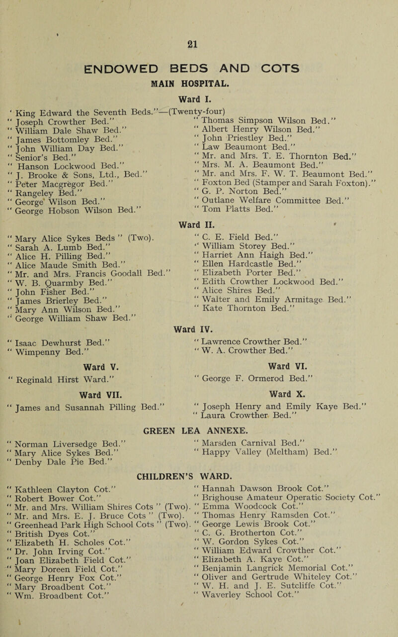 ENDOWED BEDS AND COTS MAIN HOSPITAL. Ward I. * King Edward the Seventh Beds.”—(Twenty-four)  Joseph Crowther Bed.” ‘‘Thomas Simpson Wilson Bed.” •‘ William Dale Shaw Bed.” “ Albert Henry Wilson Bed.” “ James Bottomley Bed.” ‘‘John William Day Bed.” “ Senior’s Bed.” “ Hanson Lockwood Bed.” “ J. Brooke & Sons, Ltd., Bed.” “ Peter Macgregor Bed.” “ Rangeley Bed.” “ George Wilson Bed.” “ George Hobson Wilson Bed.” “ Mary Alice Sykes Beds ” (Two). “ Sarah A. Lumb Bed.” “ Alice H. Pilling Bed.” “ Alice Maude Smith Bed.” “ Mr. and Mrs. Francis Goodall Bed.” “ W. B. Quarmby Bed.” ‘‘ John Fisher Bed.” “ James Brierley Bed.” ‘‘ Mary Ann Wilson Bed.” “ George William Shaw Bed.” “ Isaac Dewhurst Bed.” “ Wimpenny Bed.” Ward V. “ Reginald Hirst Ward.” Ward VII. “ James and Susannah Pilling Bed.” “ John Priestley Bed.” “ Law Beaumont Bed.” “ Mr. and Mrs. T. E. Thornton Bed.” “ Mrs. M. A. Beaumont Bed.” Mr. and Mrs. F. W. T. Beaumont Bed.” “ Foxton Bed (Stamper and Sarah Foxton).” “ G. P. Norton Bed.” “ Outlane Welfare Committee Bed.” “ Tom Platts Bed.” Ward II. “ C. E. Field Bed.” ‘‘ William Storey Bed.” “ Harriet Ann Haigh Bed.” “ Ellen Hardcastle Bed.” “ Elizabeth Porter Bed.” “ Edith Crowther Lockwood Bed.” ‘‘ Alice Shires Bed.” “ Waiter and Emily Armitage Bed.” “ Kate Thornton Bed.” Ward IV. “ Lawrence Crowther Bed.” “ W. A. Crowther Bed.” Ward VI. ‘‘ George F. Ormerod Bed.” Ward X. “ Joseph Henry and Emily Kaye Bed.” ‘‘ Laura Crowther Bed.” GREEN LEA ANNEXE. “ Norman Liversedge Bed.” “ Mary Alice Sykes Bed.” “ Denby Dale Pie Bed.” CHILDREN’S “ Kathleen Clayton Cot.” “ Robert Bower Cot.” “ Mr. and Mrs. William Shires Cots ” (Two). “ Mr. and Mrs. E. J. Bruce Cots ” (Two). “ Greenhead Park High School Cots ” (Two). “ British Dyes Cot.” “ Elizabeth H. Scholes Cot.” “ Dr. John Irving Cot.” “ Joan Elizabeth Field Cot.” “ Mary Doreen Field Cot.” “ George Henry Fox Cot.” “ Mary Broadbent Cot.” ‘‘ Wm. Broadbent Cot.” “ Marsden Carnival Bed.” “ Happy Valley (Meltham) Bed.” WARD. “ Hannah Dawson Brook Cot.” “ Brighouse Amateur Operatic Society Cot.” “ Emma Woodcock Cot.” “ Thomas Henry Ramsden Cot.” “ George Lewis Brook Cot.” “ C. G. Brotherton Cot.” “ W. Gordon Sykes Cot.” “ William Edward Crowther Cot.” “ Elizabeth A. Kaye Cot.” “ Benjamin Langrick Memorial Cot.” “ Oliver and Gertrude Whiteley Cot.” r‘ W. H. and J. E. Sutcliffe Cot.” ‘ Waverley School Cot.”