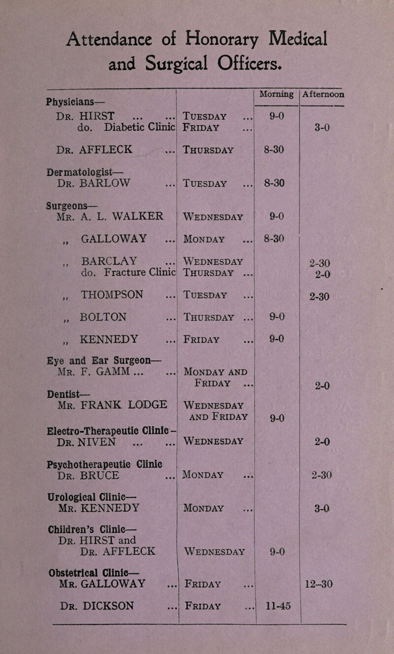 Attendance of Honorary Medical and Surgical Officers. Physicians— Morning Afternoon Dr. HIRST . do. Diabetic Clinic Tuesday Friday 9-0 3-0 Dr. AFFLECK Thursday 8-30 Dermatologist— Dr. BARLOW Tuesday 8-30 Surgeons— Mr. A. L. WALKER Wednesday 9-0 „ GALLOWAY ... Monday 8-30 BARCLAY do. Fracture Clinic Wednesday Thursday ... 2-30 2-0 „ THOMPSON Tuesday 2-30 „ BOLTON Thursday ... 9-0 „ KENNEDY Friday 9-0 Eye and Ear Surgeon— Mr. F. GAMM. Dentist— Mr. FRANK LODGE Monday and Friday ... Wednesday and Friday 9-0 2-0 Electro-Therapeutic Clinic - Dr. NIVEN . Wednesday 2-0 Psychotherapeutic Clinic Dr. BRUCE Monday 2-30 Urological Clinic— Mr. KENNEDY Monday 3-0 Children’s Clinic— Dr. HIRST and Dr. AFFLECK Wednesday 9-0 Obstetrical Clinic— Mr. GALLOWAY Friday 1 12-30 Dr. DICKSON Friday 11-45