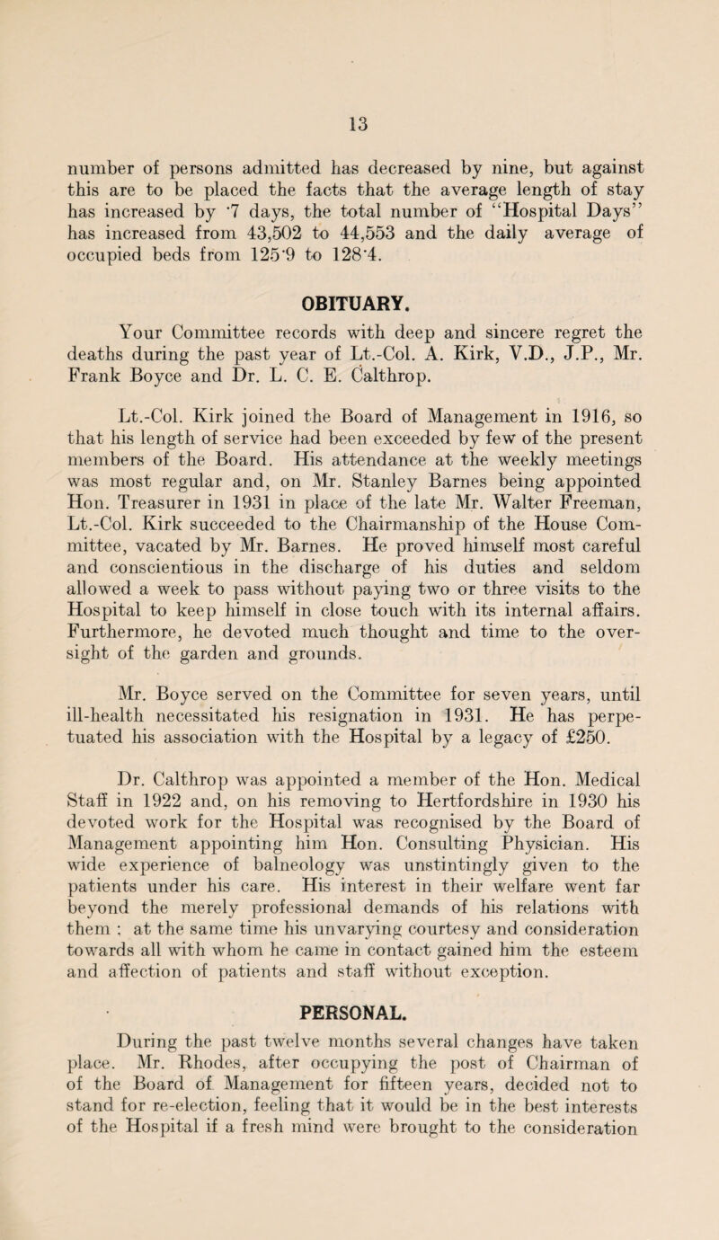 number of persons admitted has decreased by nine, but against this are to be placed the facts that the average length of stay has increased by '7 days, the total number of “Hospital Days” has increased from 43,502 to 44,553 and the daily average of occupied beds from 125'9 to 128'4. OBITUARY. Your Committee records with deep and sincere regret the deaths during the past year of Lt.-Col. A. Kirk, V.D., J.P., Mr. Frank Boyce and Dr. L. C. E. Calthrop. Lt.-Col. Kirk joined the Board of Management in 1916, so that his length of service had been exceeded by few of the present members of the Board. His attendance at the weekly meetings was most regular and, on Mr. Stanley Barnes being appointed Hon. Treasurer in 1931 in place of the late Mr. Walter Freeman, Lt.-Col. Kirk succeeded to the Chairmanship of the House Com¬ mittee, vacated by Mr. Barnes. He proved himself most careful and conscientious in the discharge of his duties and seldom allowed a week to pass without paying two or three visits to the Hospital to keep himself in close touch with its internal affairs. Furthermore, he devoted much thought and time to the over¬ sight of the garden and grounds. Mr. Boyce served on the Committee for seven years, until ill-health necessitated his resignation in 1931. He has perpe¬ tuated his association with the Hospital by a legacy of £250. Dr. Calthrop was appointed a member of the Hon. Medical Staff in 1922 and, on his removing to Hertfordshire in 1930 his devoted work for the Hospital was recognised by the Board of Management appointing him Hon. Consulting Physician. His wide experience of balneology was unstintingly given to the patients under his care. His interest in their welfare went far beyond the merely professional demands of his relations with them ; at the same time his unvarying courtesy and consideration towards all with whom he came in contact gained him the esteem and affection of patients and staff without exception. PERSONAL. During the past twelve months several changes have taken place. Mr. Rhodes, after occupying the post of Chairman of of the Board of Management for fifteen years, decided not to stand for re-election, feeling that it would be in the best interests of the Hospital if a fresh mind were brought to the consideration