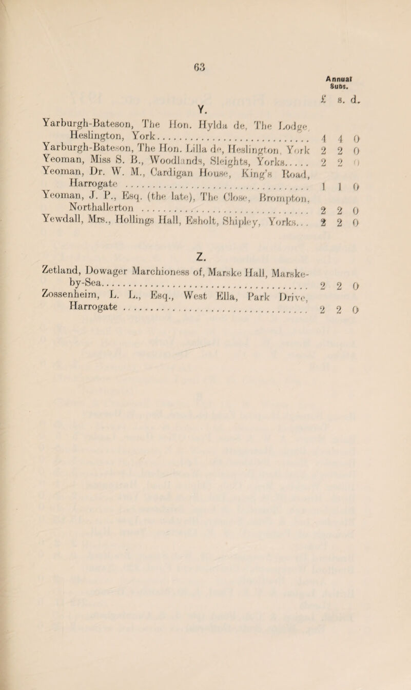 Annuat 8ubs. y. s. d, Y. Yarburgh-Bateson, The Hon. Hylda de, The Lodge Heslington, York. 4 4 q Yarburgh-Bateson, The Hon. Lilia de, Heslington. York 2 2 0 Yeoman, Miss S. B., Woodlands, Sleights, Yorks. 2 2 Yeoman, Dr. W. M., Cardigan House, King’s Road, Harrogate . I j ^ Yeoman, J. P., Esq. (the late.), The Clone, Brompton, Northallerton . 2 2 0 Yewdall, Mrs., Hollings Hall, Esholt, Shipley, Yorks... 2 2 0 Z. Zetland, Dowager Marchioness of, Marske Hall, Marske- by-Sea. 9 2 (j Zossenheim, L. L., Esq., West Ella, Park Drive, Harrogate. 2 2 0