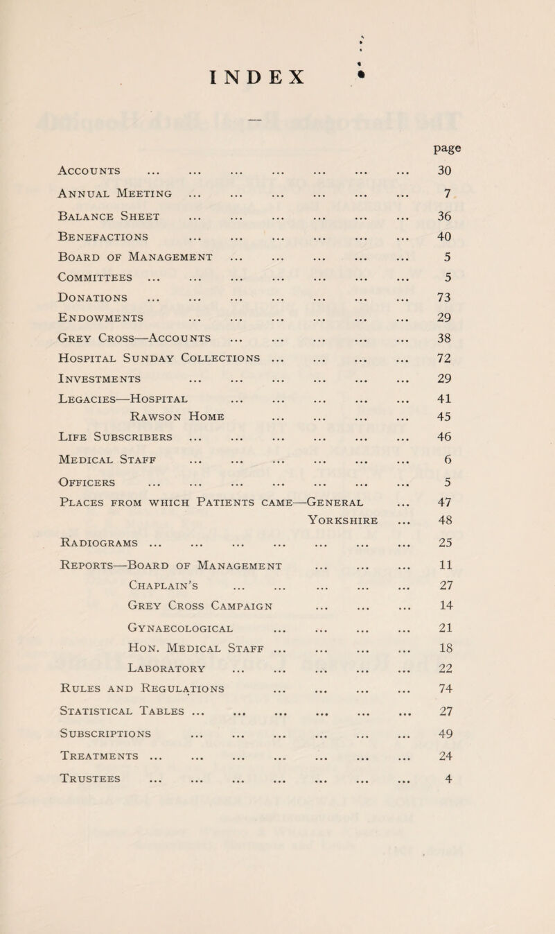 INDEX Accounts Annual Meeting Balance Sheet Benefactions Board of Management Committees Donations Endowments Grey Cross—Accounts Hospital Sunday Collections ... Investments Legacies—Hospital Rawson Home Life Subscribers Medical Staff Officers ... ... ... ... ... ... Places from which Patients came—General Yorkshire Radiograms ... Reports—Board of Management Chaplain’s Grey Cross Campaign Gynaecological Hon. Medical Staff .. Laboratory Rules and Regulations Statistical Tables ... Subscriptions Treatments ... Trustees page 30 7 36 40 5 5 73 29 38 72 29 41 45 46 6 5 47 48 25 11 27 14 21 18 22 74 27 49 24 4