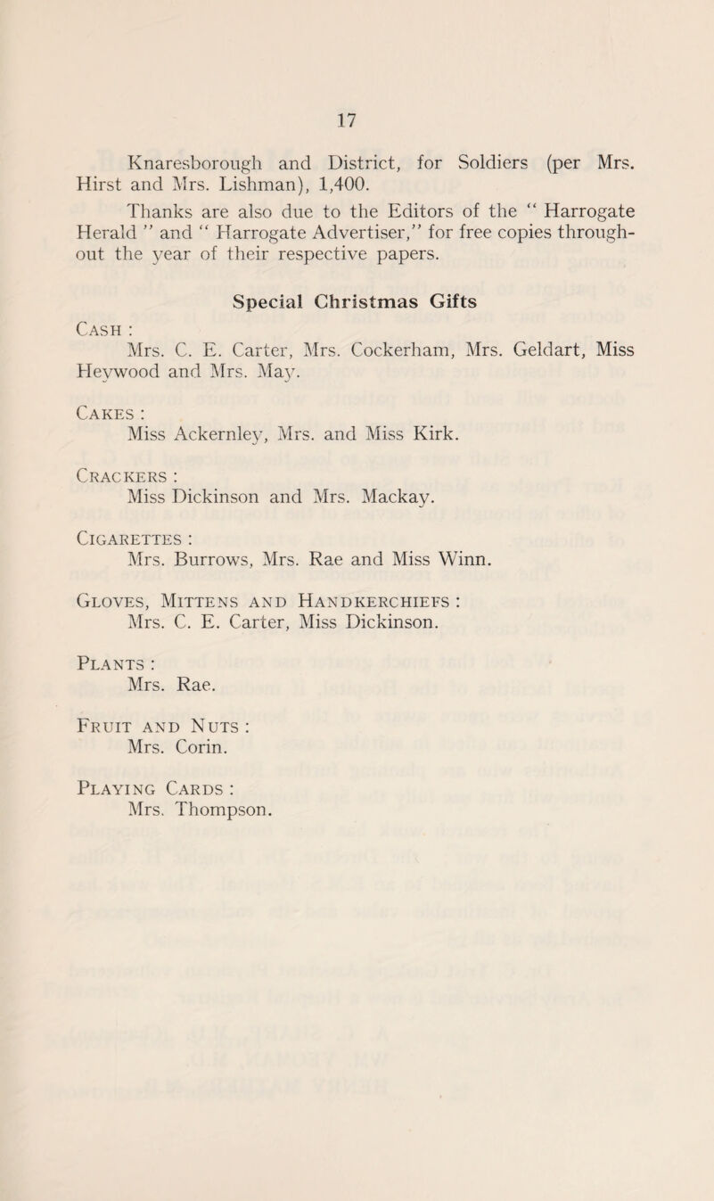 Knaresborough and District, for Soldiers (per Mrs. Hirst and Mrs. Lishman), 1,400. Thanks are also due to the Editors of the “ Harrogate Herald ” and “ Harrogate Advertiser,” for free copies through¬ out the year of their respective papers. Special Christmas Gifts Cash : Mrs. C. E. Carter, Mrs. Cockerham, Mrs. Geldart, Miss Heywood and Mrs. May. Cakes: Miss Ackernley, Mrs. and Miss Kirk. Crackers: Miss Dickinson and Mrs. Mackay. Cigarettes: Mrs. Burrows, Mrs. Rae and Miss Winn. Gloves, Mittens and Handkerchiefs : Mrs. C. E. Carter, Miss Dickinson. Plants: Mrs. Rae. Fruit and Nuts : Mrs. Corin. Playing Cards : Mrs. Thompson.