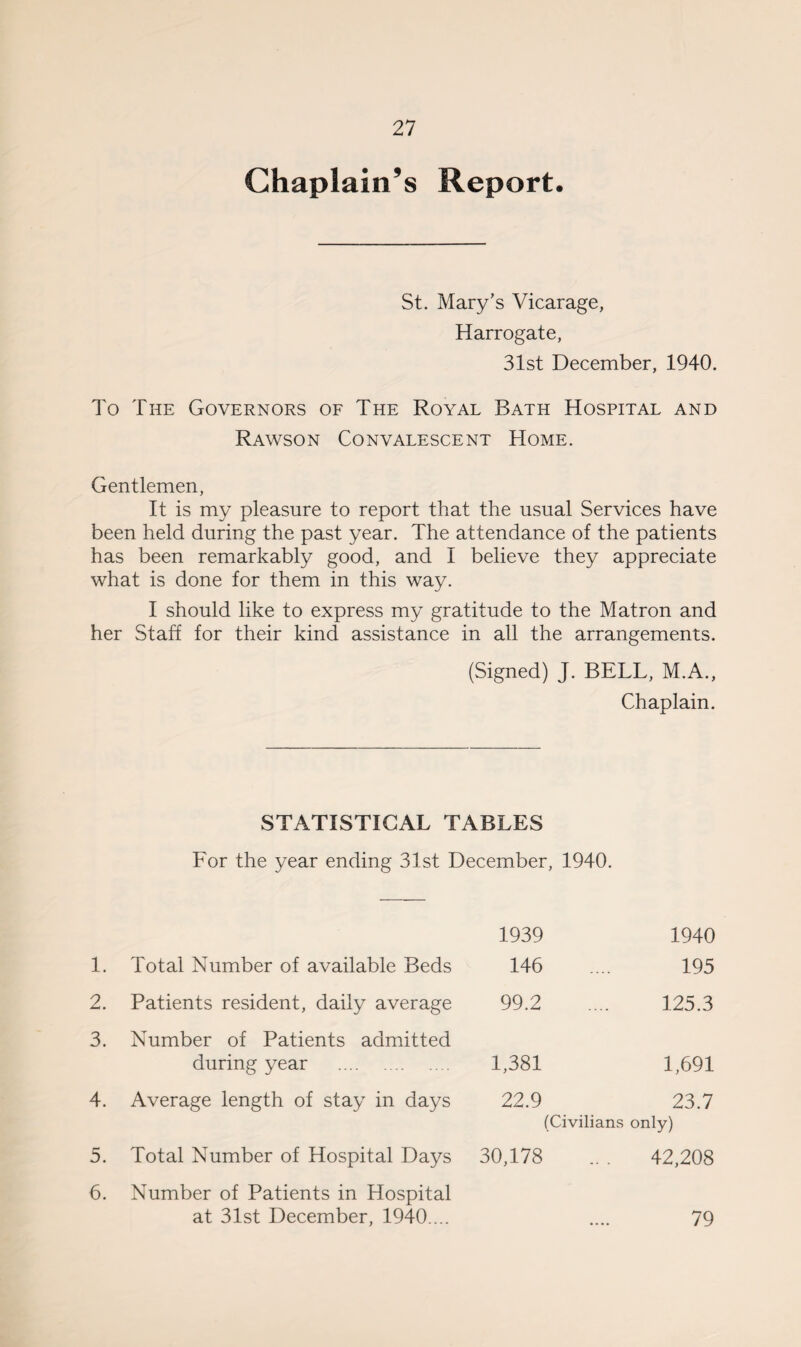 Chaplain’s Report. St. Mary’s Vicarage, Harrogate, 31st December, 1940. To The Governors of The Royal Bath Hospital and Rawson Convalescent Home. Gentlemen, It is my pleasure to report that the usual Services have been held during the past year. The attendance of the patients has been remarkably good, and I believe they appreciate what is done for them in this way. I should like to express my gratitude to the Matron and her Staff for their kind assistance in all the arrangements. (Signed) J. BELL, M.A., Chaplain. STATISTICAL TABLES For the year ending 31st December, 1940. 1939 1940 1. Total Number of available Beds 146 195 2. Patients resident, daily average 99.2 125.3 3. Number of Patients admitted during year . 1,381 1,691 4. Average length of stay in days 22.9 23.7 (Civilians only) 5. Total Number of Hospital Days 30,178 42,208 6. Number of Patients in Hospital at 31st December, 1940.... 79