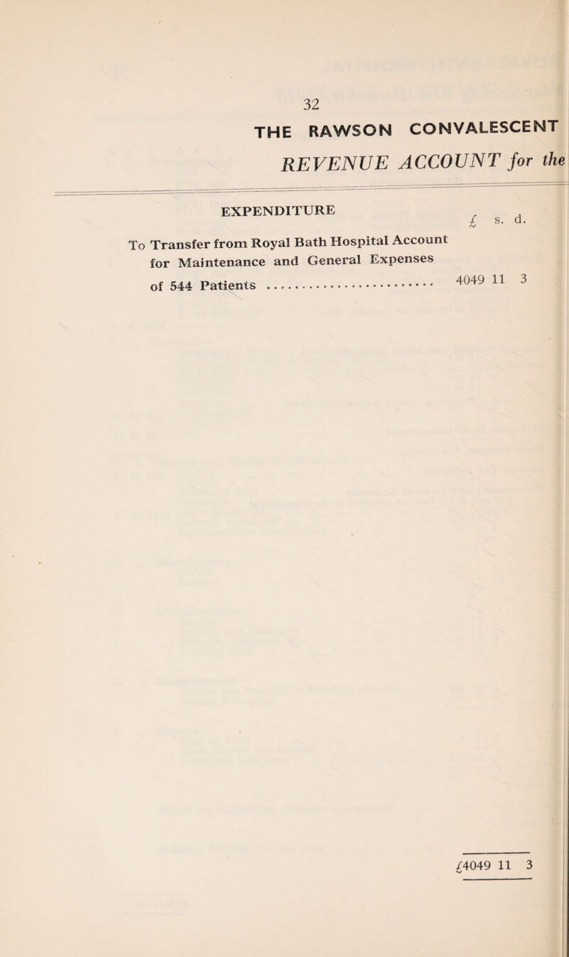 To the raws on convalescent REVENUE ACCOUNT for the EXPENDITURE £ s- d- Transfer from Royal Bath Hospital Account for Maintenance and General Expenses of 544 Patients .... 4049 11 3 £4049 11 3