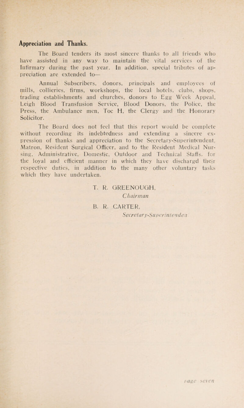 Appreciation and Thanks. The Board tenders its most sincere thanks to all friends who have assisted in any way to maintain the vital services of the Infirmary during the past year. In addition, special tributes of ap¬ preciation are extended to— Annual Subscribers, donors, principals and employees of mills, collieries, firms, workshops, the local hotels, clubs, shops, trading establishments and churches, donors to Egg Week Appeal, Leigh Blood Transfusion Service, Blood Donors, the Police, the Press, the Ambulance men, Toe H, the Clergy and the Honorary Solicitor. The Board does not feel that this report would be complete without recording its indebtedness and extending a sincere ex¬ pression of thanks and appreciation to the Secretary-Superintendent, Matron, Resident Surgical Officer, and to the Resident Medical Nur¬ sing, Administrative, Domestic, Outdoor and Technical Staffs, for the loyal and efficient manner in which they have dischargd thejr respective duties, in addition to the many other voluntary tasks which they have undertaken. T. R. QREENOUGH, Chairman B. R. CARTER, Secretary-S u pc rime n den rage ,s6’i cn