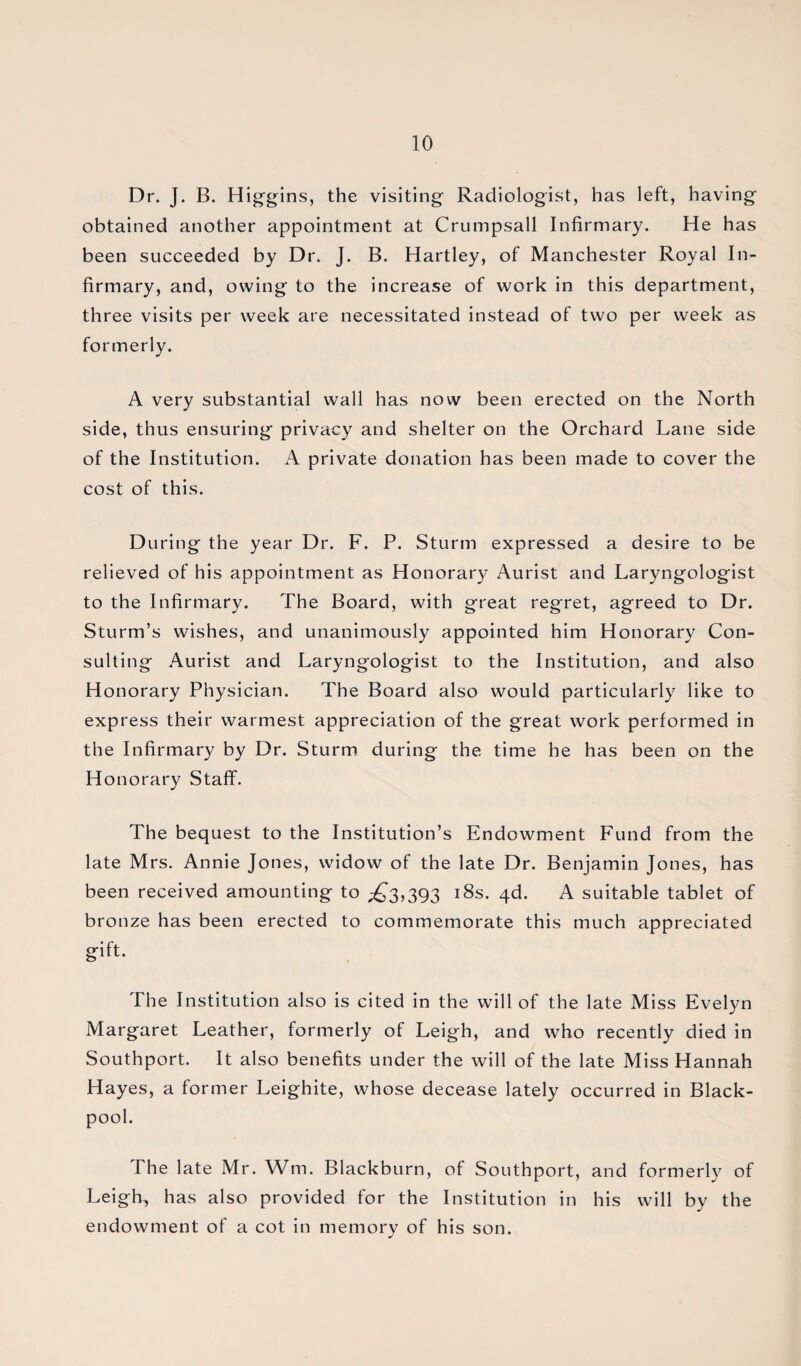Dr. J. B. Higgins, the visiting Radiologist, has left, having obtained another appointment at Crumpsall Infirmary. He has been succeeded by Dr. J. B. Hartley, of Manchester Royal In¬ firmary, and, owing to the increase of work in this department, three visits per week are necessitated instead of two per week as formerly. A very substantial wall has now been erected on the North side, thus ensuring privacy and shelter on the Orchard Lane side of the Institution. A private donation has been made to cover the cost of this. During the year Dr. F. P. Sturm expressed a desire to be relieved of his appointment as Honorary Aurist and Laryngologist to the Infirmary. The Board, with great regret, agreed to Dr. Sturm’s wishes, and unanimously appointed him Honorary Con¬ sulting Aurist and Laryngologist to the Institution, and also Honorary Physician. The Board also would particularly like to express their warmest appreciation of the great work performed in the Infirmary by Dr. Sturm during the time he has been on the Honorary Staff. The bequest to the Institution’s Endowment Fund from the late Mrs. Annie Jones, widow of the late Dr. Benjamin Jones, has been received amounting to ;£3,393 18s. 4d. A suitable tablet of bronze has been erected to commemorate this much appreciated gift. The Institution also is cited in the will of the late Miss Evelyn Margaret Leather, formerly of Leigh, and who recently died in Southport. It also benefits under the will of the late Miss Hannah Hayes, a former Leighite, whose decease lately occurred in Black¬ pool. The late Mr. Wtn. Blackburn, of Southport, and formerly of Leigh, has also provided for the Institution in his will by the endowment of a cot in memory of his son.
