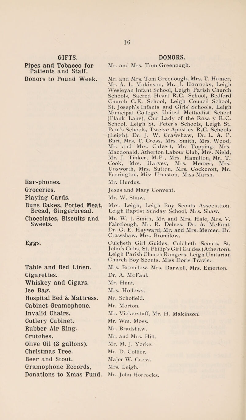 GIFTS. Pipes and Tobacco for Patients and Staff. Donors to Pound Week. Ear-phones. Groceries. Playing Cards. Buns Cakes, Potted Meat, Bread, Gingerbread. Chocolates, Biscuits and Sweets. Eggs. Table and Bed Linen. Cigarettes. Whiskey and Cigars. Ice Bag. Hospital Bed & Mattress. Cabinet Gramophone. Invalid Chairs. Cutlery Cabinet. Rubber Air Ring. Crutches. Olive Oil (3 gallons). Christmas Tree. Beer and Stout. Gramophone Records, Donations to Xmas Fund. DONORS. Mr. and Mrs. Tom Greenough. Mr. and Mrs. Tom Greenough, Mrs. T. Hamer, Mr. A. L. Makinson, Mr. J. Horrocks, Leigh Wesleyan Infant School, Leigh Parish Church Schools, Sacred Heart R.C. School, Bedford Church C.E. School, Leigh Council School, St. Joseph’s Infants’ and Girls’ Schools, Leigh Municipal College, United Methodist School (Plank Lane), Our Lady of the Rosary R.C. School, Leigh St. Peter’s Schools, Leigh St. Paul’s Schools, Twelve Apostles R.C. Schools (Leigh), Dr. J. W. Crawshaw, Dr. L. A. P. Burt, Mrs. T. Cross, Mrs. Smith, Mrs. Wood, Mr. and Mrs. Calvert, Mr. Topping, Mrs. Macdonald, Atherton Labour Club, Mrs. Nield, Mr. J. Tinker, M.P., Mrs. Hamilton, Mr. T. Cook, Mrs. Harvey, Mrs. Mercer, Mrs. Unsworth, Mrs. Sutton, Mrs. Cockcroft, Mr. Farrington, Miss Urmston, Miss Marsh. Mr. Hurd us. Jesus and Mary Convent. Mr. W. Shaw. Mrs. Leigh, Leigh Boy Scouts Association, Leigh Baptist Sunday School, Mrs. Shaw. Mr. W. J. Smith, Mr. and Mrs. Hale, Mrs. V. Fairclough, Mr. R. Delves, Dr. A. McFaul, Dr. G. F. Hayward, Mr. and Mrs. Mercer, Dr. Crawshaw, Mrs. Bromilow. Culcheth Girl Guides, Culcheth Scouts, St. John's Cubs, St. Philip’s Girl Guides (Atherton), Leigh Parish Church Rangers, Leigh Unitarian Church Boy Scouts, Miss Doris Travis. Mrs. Bromilow, Mrs. Darwell, Mrs. Emerton. Dr. A. McFaul. Mr. Hunt. Mrs. Hollows. Mr. Schofield. Mr. Morton. Mr. Vickerstaff, Mr. H. Makinson. Mr. Wm. Moss. Mr. Bradshaw. Mr. and Mrs. Hill. Mr. M. J. Yorke. Mr. D. Collier. Major W. Cross. Mrs. Leigh. Mr. John Horrocks.