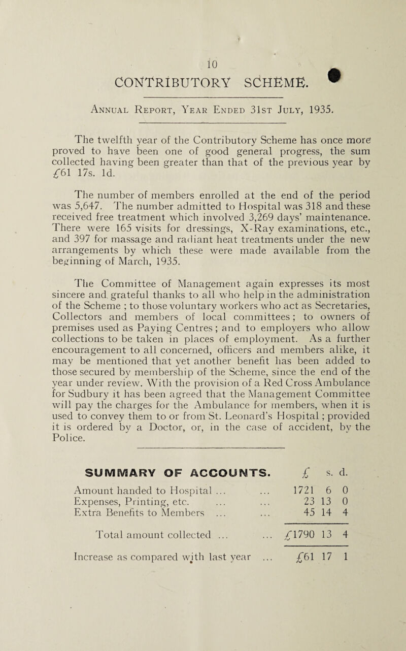 10 CONTRIBUTORY SCHEME. Annual Report, Year Ended 31st July, 1935. The twelfth year of the Contributory Scheme has once more proved to have been one of good general progress, the sum collected having been greater than that of the previous year by £61 17s. Id. The number of members enrolled at the end of the period was 5,647. The number admitted to Hospital was 318 and these received free treatment which involved 3,269 days’ maintenance. There were 165 visits for dressings, X-Ray examinations, etc., and 397 for massage and radiant heat treatments under the new arrangements by which these were made available from the beginning of March, 1935. The Committee of Management again expresses its most sincere and grateful thanks to all who help in the administration of the Scheme ; to those voluntary workers who act as Secretaries, Collectors and members of local committees; to owners of premises used as Paying Centres ; and to employers who allow collections to be taken in places of employment. As a further encouragement to all concerned, officers and members alike, it may be mentioned that yet another benefit has been added to those secured by membership of the Scheme, since the end of the year under review. With the provision of a Red Cross Ambulance for Sudbury it has been agreed that the Management Committee will pay the charges for the Ambulance for members, when it is used to convey them to or from St. Leonard’s Hospital; provided it is ordered by a Doctor, or, in the case of accident, by the Police. SUMMARY OF ACCOUNTS. £ s. d. Amount handed to Hospital ... 1721 6 0 Expenses, Printing, etc. 23 13 0 Extra Benefits to Members 45 14 4 Total amount collected ... /1790 13 4