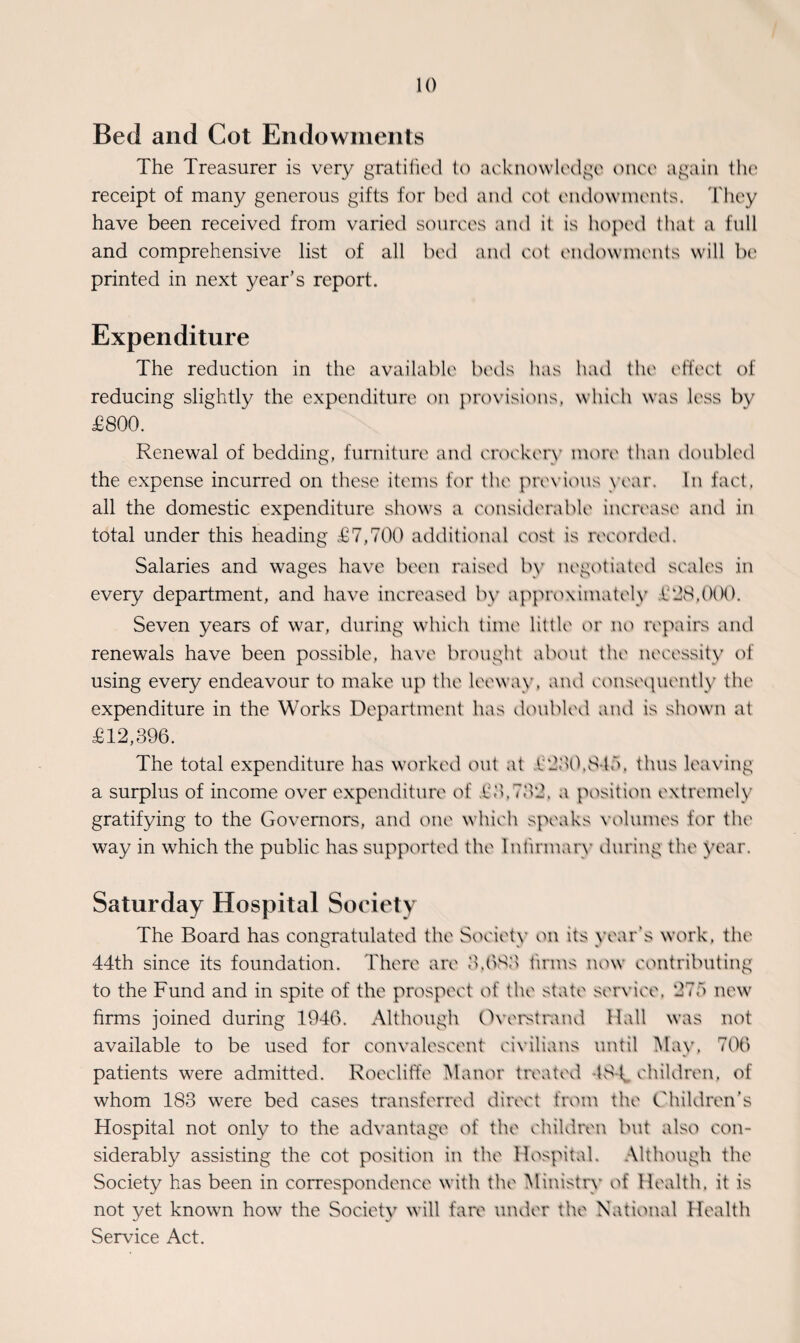 Bed and Cot Endowments The Treasurer is very gratified to acknowledge once again the receipt of many generous gifts for bed and col endowments. They have been received from varied sources and il is hoped that a full and comprehensive list of all bed and cot endowments will be printed in next year’s report. Expenditure The reduction in the available beds has had the effect of reducing slightly the expenditure on provisions, which was less by £800. Renewal of bedding, furniture and crockery more than doubled the expense incurred on these items for the previous year. In fact, all the domestic expenditure shows a considerable increase and in total under this heading £7,700 additional cost is recorded. Salaries and wages have been raised by negotiated scab's in every department, and have increased by approximately l’‘28.(XX). Seven years of war, during which time little or no repairs and renewals have been possible, have brought about the necessity of using every endeavour to make up the leeway, and consequently the expenditure in the Works Department has doubled and is shown at £12,396. The total expenditure has worked out at £230,8 In. thus leaving a surplus of income over expenditure of £3.73*2, a position extremely gratifying to the Governors, and one which speaks volumes for the way in which the public has supported the Infirmary during the year. Saturday Hospital Society The Board has congratulated the Society on its year’s work, the 44th since its foundation. There are 3,683 firms now contributing to the Fund and in spite of the prospect of the state sendee. 27n new firms joined during 1946. Although Overstrand Hall was not available to be used for convalescent civilians until May, 706 patients were admitted. Roecliffe Manor treated IS f. children, of whom 183 were bed cases transferred direct from the Children's Hospital not only to the advantage of the children but also con¬ siderably assisting the cot position in the Hospital. Although the Society has been in correspondence with the Ministry of Health, it is not yet known how the Society will fare under the National Health Service Act.