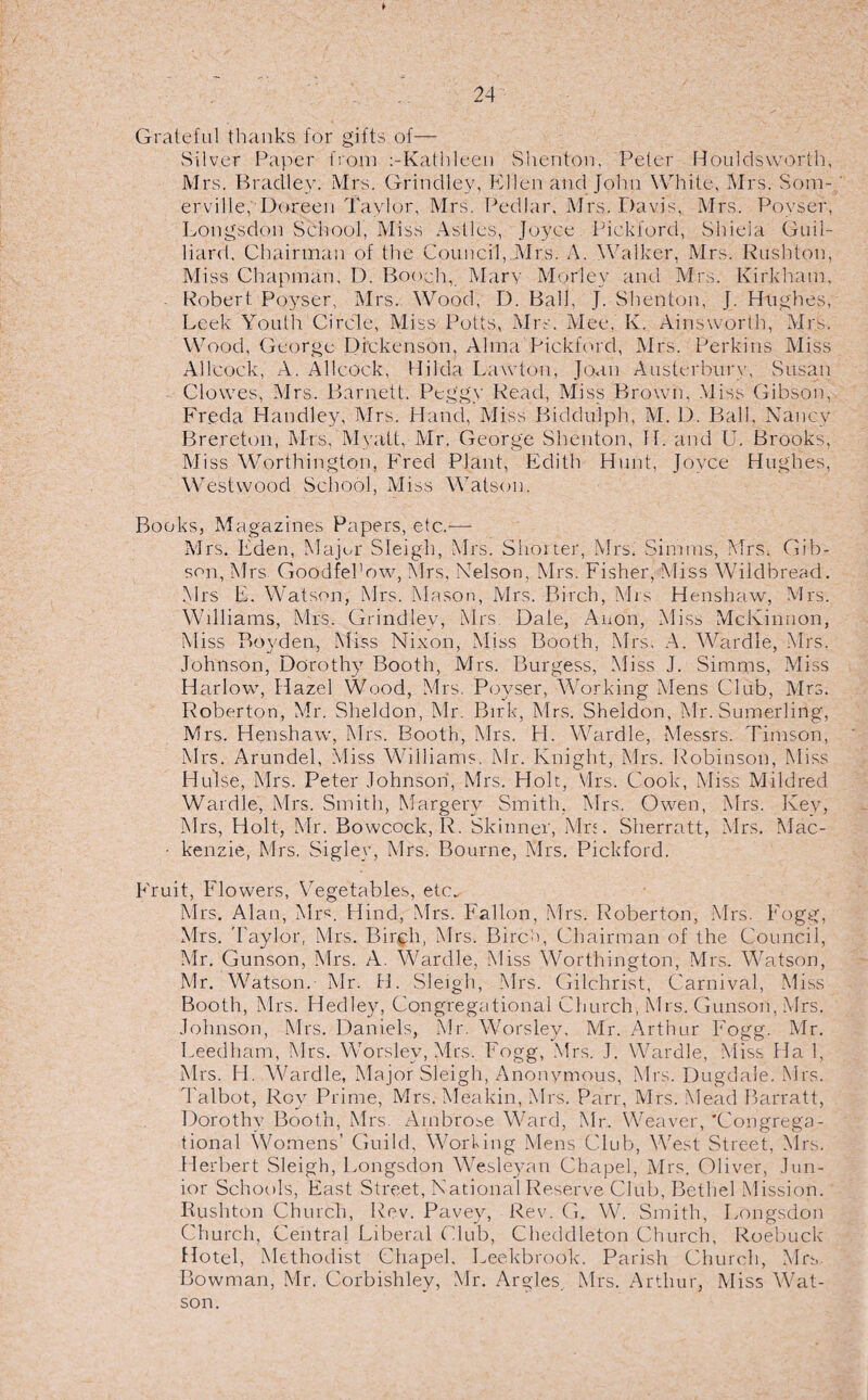 Grateful thanks for gifts of— Silver Paper from :-Kathleen Shenton, Peter Houldsworth, Mrs. Bradley. Mrs. Grindley, Ellen and John White, Mrs. Som¬ erville, Doreen Tavlor, Mrs. Pedlar. Mrs. Davis, Mrs. Poyser, Longsdon School, Miss Astles, Joyce Pickford, Shieia Guil- liard, Chairman of the Council,.Mrs. A. Walker, Mrs. Rusbton, Miss Chapman. D. Booch, Mary Morley and Mrs. Kirkham, Robert Poyser, Mrs. Wood, D. Ball, J. Shenton, J. Hughes, Leek Youth Circle, Miss Potts, Mrs. Mee, K. Ainsworth, Mrs. Wood, George Dickenson, Alma Pickford, Mrs. Perkins Miss Allcock, A. Allcock, Hilda Lawton, Joan Austerbury, Susan - Clowes, Mrs. Barnett. Peggy Read, Miss Brown, Miss Gibson, Freda Handley, Mrs. Hand, Miss Biddulph, M. D. Ball. Nancy Brereton, Mrs, Myatt, Mr. George Shenton, H. and U. Brooks, Miss Worthington, Fred Plant, Edith Hunt, Joyce Hughes, Westwood School, Miss Watson. Books, Magazines Papers, etc.-— Mrs. Eden, Major Sleigh, Mrs. Shorter, Mrs, Simms, Mrs. Gib¬ son, Mrs Goodfel’ow, Mrs, Nelson, Mrs. Fisher, Miss Wild bread. Mrs E. Watson, Mrs. Mason, Mrs. Birch, Mis Henshaw, Mrs. Williams, Mrs. Grindlev, Mrs Dale, Anon, Miss McKinnon, Miss Bovden., Miss Nixon, Miss Booth, Mrs. A. Wardle, Mrs. Johnson, Dorothy Booth, Mrs. Burgess, Miss J. Simms, Miss Harlow, Hazel Wood, Mrs. Poyser, Working Mens Club, Mrs. Roberton, Mr. Sheldon, Mr. Birk, Mrs. Sheldon, Mr. Sumerling, Mrs. Henshaw, Mrs. Booth, Mrs. H. Wardle, Messrs. Timson, Mrs. Arundel, Miss Williams, Mr. Knight, Mrs. Robinson, Miss Hulse, Mrs. Peter Johnson, Mrs. Holt, Mrs. Cook, Miss Mildred Wardle, Mrs. Smith, Margery Smith, Mrs. Owen, Mrs. Key, Mrs, Holt, Mr. Bowcock, R. Skinner, Mix. Sherratt, Mrs. Mac- • kenzie, Mrs. Sigley, Mrs. Bourne, Mrs. Pickford. Fruit, Flowers, Vegetables, etc. Mrs. Alan, Mrs. Hind, Mrs. Fallon, Mrs. Roberton, Mrs. Fogg, Mrs. Taylor, Mrs. Bireh, Mrs. Birch, Chairman of the Council, Mr. Gunson, Mrs. A. Wardle, Miss Worthington, Mrs. Watson, Mr. Watson. Mr. H. Sleigh, Mrs. Gilchrist, Carnival, Miss Booth, Mrs. Medley, Congregational Church, Mrs. Gunson, Mrs. Johnson, Mrs. Daniels, Mr. Worsley, Mr. Arthur Fogg. Mr. Feedham, Mrs. Worsley, Mrs. Fogg, Mrs. J. Wardle, Miss Ha 1, Mrs. H. Wardle, Major Sleigh, Anonymous, Mrs. Dugdaig, Mrs. Talbot, Roy Prime, Mrs. Meakin, Mrs. Parr, Mrs. Mead Barratt, Dorothy Booth, Mrs. Ambrose Ward, Mr. Weaver, 'Congrega¬ tional Womens’ Guild, Working Mens Club, West Street, Mrs. Herbert Sleigh, Fongsdon Wesleyan Chapel, Mrs. Oliver, Jun¬ ior Schools, East Street, National Reserve Club, Bethel Mission. Rushton Church, Rev. Pavey, Rev. G. W. Smith, Fongsdon Church, Central Fiberal Club, Cheddleton Church, Roebuck Hotel, Methodist Chapel. Feekbrook. Parish Church, Mrs. Bowman, Mr. Corbishley, Mr. Argles. Mrs. Arthur, Miss Wat¬ son.