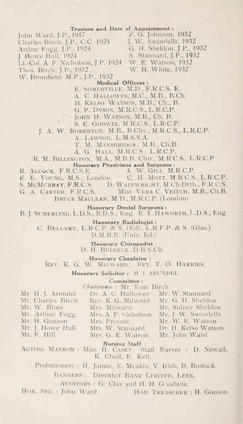 Trustees and Date of Appointment : John Ward, J.P., 1917 Charles Birch, J.P., C.C. 1924 Arthur Fogg, J.P., 1924 J Howe Hah, 1924 Lt.-Col. A F. Nicholson, J.P. 1924 Thos. Birch, J.P., 1932 W. Bromfield, M.P., J.P., 1932 Medical F. G. Johnson, 1932 J. W. Swindells, 1932 G. H. Sheldon, J.P., 1932 S. Stannard, J.P., 1932 W. E. Watson, 1932 W. H. White, 1932 Officers : E. Somerville, M.D., F.R.C.S. E. A. C. Hallowes, M.C., M.B., B.Ch. H. Kelso Watson, M.B., Ch., B. G. P. Dyson, M.R.C.S., L.R.C.P. John H. Watson, M.B., Ch. B. 0 S. E. Godwin, M.R.C.S., L.R.C.P. J. A. W. Roberton, M.B., B.Cliv., M.R.C.S., L.R.C.P. A. Lawson, L.M.S.S.A. T. M. Mansbridgk, M.B., Ch.B. A. G. Hall, M.R.C.S., L.R.C.P. R. M. Billington, M.A., M.B.B. Chir., M.R.C.S., L.R.C.P Honorary Physicians and Surgeons : R. Alcqck, F.R.C.S.E. A W. Gill M.R.C.P. E. E. Young, M.S., London. C. H. Mott, M.R C.S., L.R.C.P, S. McMurray, F.R.C.S. D. Wainwright, M.Ch.Orth., F.R.C.S. G. A. Carter, F.R.C.S. Miss Vera C. Veitch, M.B., Ch.B. Bruce Maclean, M.D., M.R.C.P. (London) Honorary Dental Surgeons : B. J. Sumerling, L.D.S., R.D.S., Eng. E. T. Haworth, L.D.S., Eng Honorary Radiologist : C. Bellamy, L.R.C.P. & S. (Ed)., L.R.F.P. & S. (Glas.) D.M.R.E. (Univ. Ed.) Honorary Chiropodist : D. H. Bulbeck, D.B.S.Ch. Honorary Chaplains : Rev. K. G. W. Mii.ward. Rev. T. O. Harries. Honorary Solicitor : H. J. ARUNDEL Mr H. J. Arundel Mr. Charles Birch Mr. W. Blore Mr. Arthur Fogg. Mr. H. Gunson Mr. J. Howe Hall Mr. F. Hill Acting Matron : Committee : Chairman : Mr. Tom P Dr. A. C. Hallowes Rev. K. G. Mil ward Mrs. Mil ward Mrs. A. F. Nicholson Mrs. Provost Mrs. W. Stannard Mrs. G. E. Watson Nursing Staff : Miss H. Casey. Staff K. Chell, E. Kett. irch Mr. W. Stannard Mr. G. H. Sheldon Mr. Sidney Sheldon Mr. J. W. Swindells Mr. W. E. Watson Dr. H. Kelso Watson Mr. John Ward Nurses : D. Newall, Probationers : H. James, E. Meakin, V. Irish, D. Bostock. Bankers : District Bank Limited, Leek. Auditors : G. Clay and H. H. Goodwin. Hon. Sec. : John Ward . Hon. Treasurer : H. Gunson