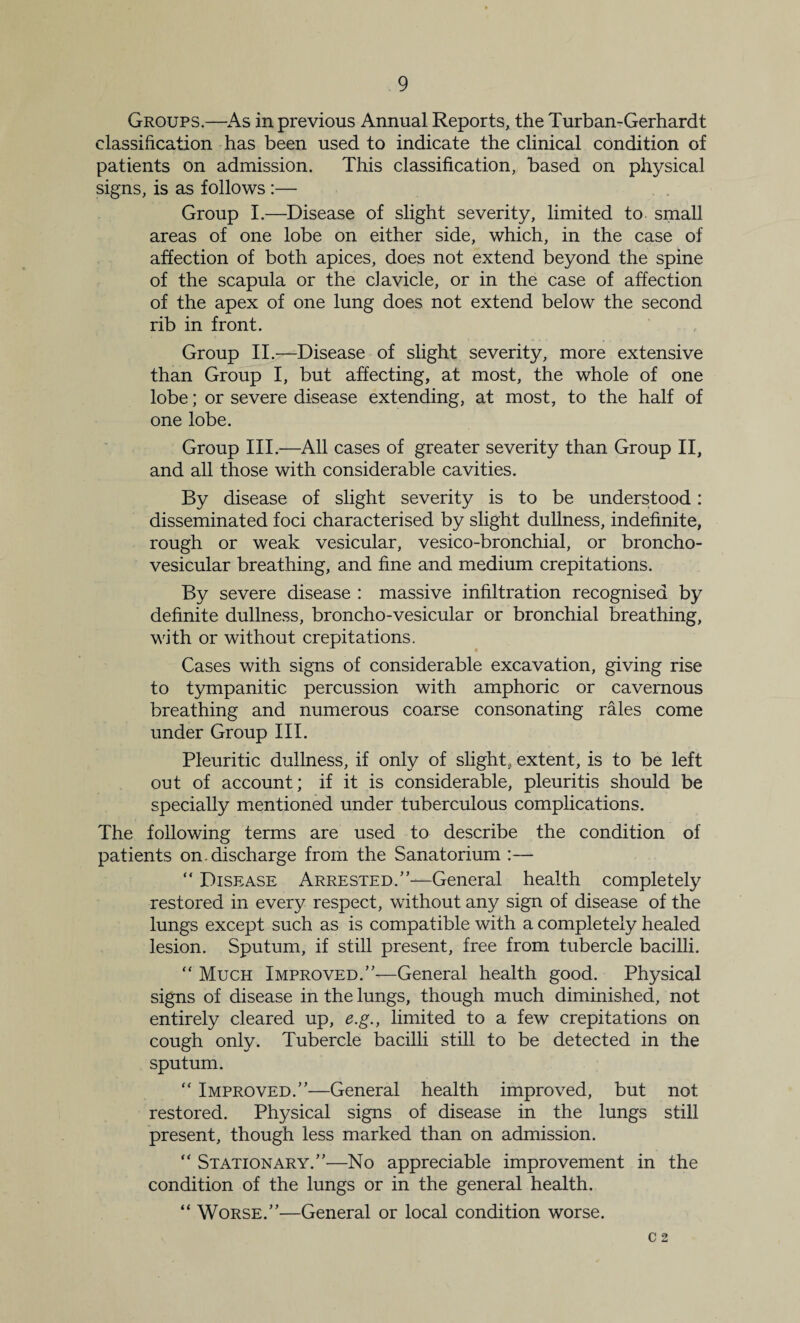 Groups.—^As in previous Annual Reports, the Turban-Gerhardt classification has been used to indicate the clinical condition of patients on admission. This classification, based on physical signs, is as follows:— Group I.—Disease of slight severity, limited to small areas of one lobe on either side, which, in the case of affection of both apices, does not extend beyond the spine of the scapula or the clavicle, or in the case of affection of the apex of one lung does not extend below the second rib in front. Group II.—Disease of slight severity, more extensive than Group I, but affecting, at most, the whole of one lobe; or severe disease extending, at most, to the half of one lobe. Group III.—All cases of greater severity than Group II, and all those with considerable cavities. By disease of slight severity is to be understood: disseminated foci characterised by slight dullness, indefinite, rough or weak vesicular, vesico-bronchial, or broncho- vesicular breathing, and fine and medium crepitations. By severe disease : massive infiltration recognised by definite dullness, broncho-vesicular or bronchial breathing, with or without crepitations. Cases with signs of considerable excavation, giving rise to tympanitic percussion with amphoric or cavernous breathing and numerous coarse consonating rales come under Group III. Pleuritic dullness, if only of slight, extent, is to be left out of account; if it is considerable, pleuritis should be specially mentioned under tuberculous complications. The following terms are used to describe the condition of patients on. discharge from the Sanatorium :— “ Disease Arrested.”—General health completely restored in every respect, without any sign of disease of the lungs except such as is compatible with a completely healed lesion. Sputum, if still present, free from tubercle bacilli. “ Much Improved.”—General health good. Physical signs of disease in the lungs, though much diminished, not entirely cleared up, e.g., limited to a few crepitations on cough only. Tubercle bacilli still to be detected in the sputum. “ Improved.”—General health improved, but not restored. Physical signs of disease in the lungs still present, though less marked than on admission. Stationary.”—No appreciable improvement in the condition of the lungs or in the general health. “ Worse.”—General or local condition worse. c 2