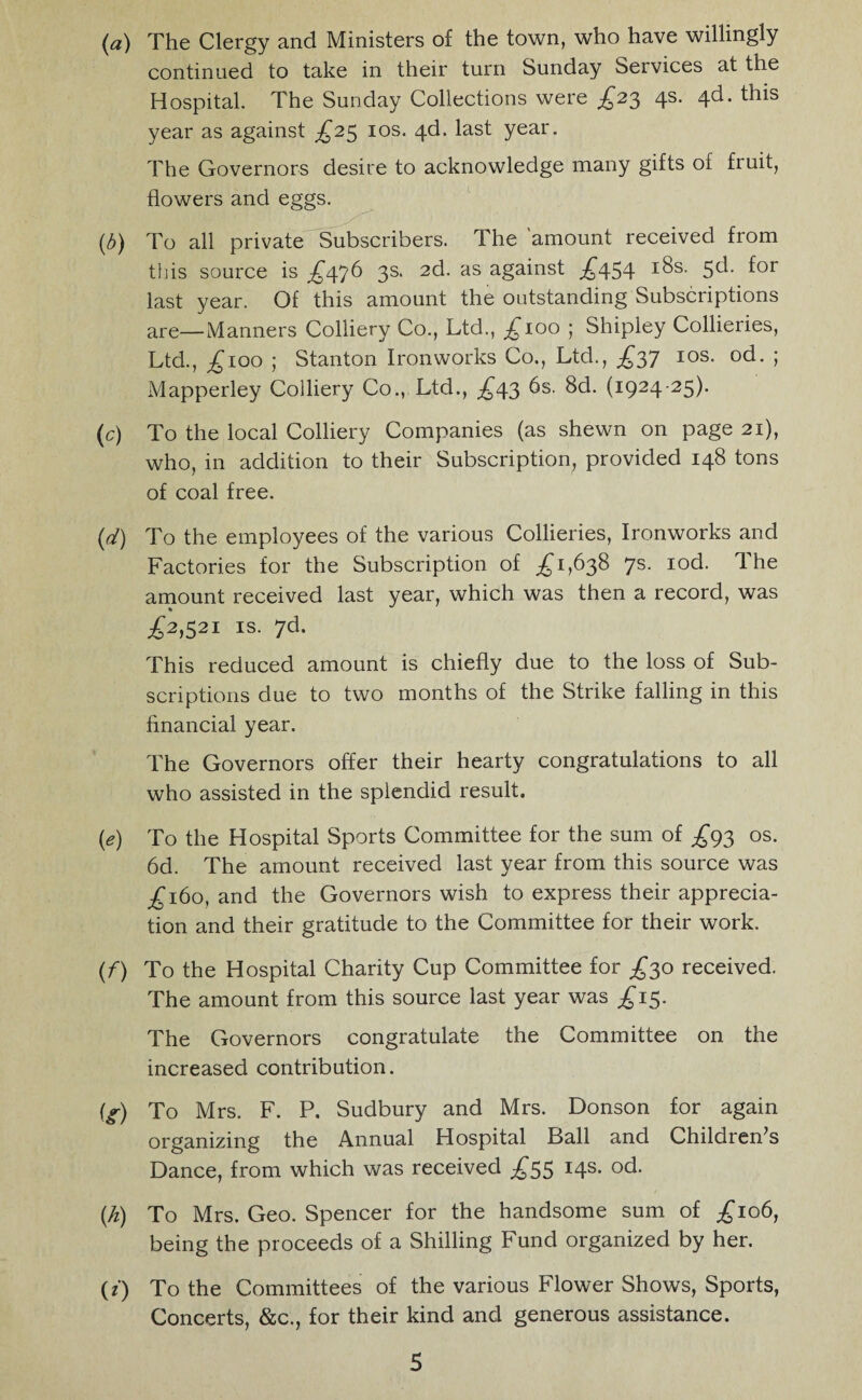 (a) The Clergy and Ministers of the town, who have willingly continued to take in their turn Sunday Services at the Hospital. The Sunday Collections were £23 4s. this year as against £23 10s. 4d. last year. The Governors desire to acknowledge many gifts of fruit, flowers and eggs. (b) To all private Subscribers. The 'amount received from this source is ^£476 3s. 2d. as against ^454 I^s- 5^* f°r last year. Of this amount the outstanding Subscriptions are—Manners Colliery Co., Ltd., £100 ; Shipley Collieries, Ltd., ^100 ; Stanton Ironworks Co., Ltd., ^37 10s. od. ; Mapperley Colliery Co., Ltd., £/\3 6s. 8d. (1924-25). (c) To the local Colliery Companies (as shewn on page 21), who, in addition to their Subscription, provided 148 tons of coal free. (d) To the employees of the various Collieries, Ironworks and Factories for the Subscription of ^1,638 7s. iod. The amount received last year, which was then a record, was £2,521 is. 7d- This reduced amount is chiefly due to the loss of Sub¬ scriptions due to two months of the Strike falling in this financial year. The Governors offer their hearty congratulations to all who assisted in the splendid result. (e) To the Hospital Sports Committee for the sum of ^93 os. 6d. The amount received last year from this source was £160, and the Governors wish to express their apprecia¬ tion and their gratitude to the Committee for their work. (f) To the Hospital Charity Cup Committee for £30 received. The amount from this source last year was ^15. The Governors congratulate the Committee on the increased contribution. (g) To Mrs. F. P. Sudbury and Mrs. Donson for again organizing the Annual Hospital Ball and Children’s Dance, from which was received ^55 14s. od. (h) To Mrs. Geo. Spencer for the handsome sum of £106, being the proceeds of a Shilling Fund organized by her. (*) To the Committees of the various Flower Shows, Sports, Concerts, &c., for their kind and generous assistance.
