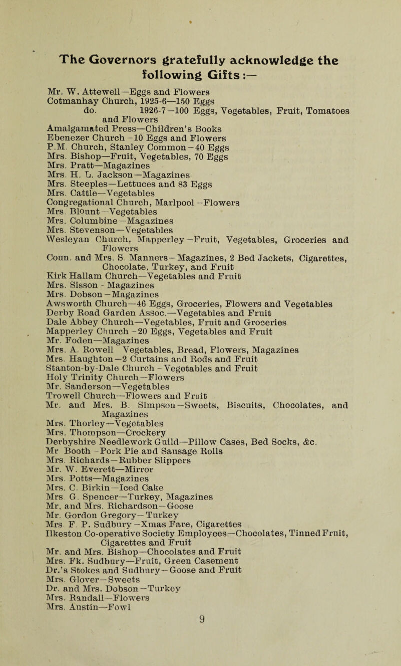 The Governors gratefully acknowledge the following Gifts Mr. W. Attewell—Eggs and Flowers Cotmanhay Church, 1925-6—150 Eggs do. 1926-7—100 Eggs, Vegetables, Fruit, Tomatoes and Flowers Amalgamated Press—Children’s Books Ebenezer Church -10 Eggs and Flowers P.M. Church, Stanley Common—40 Eggs Mrs. Bishop—Fruit, Vegetables, 70 Eggs Mrs. Pratt—Magazines Mrs. H. L. Jackson—Magazines Mrs. Steeples—Lettuces and 83 Eggs Mrs. Cattle—Vegetables Congregational Church, Marlpool—Flowers Mrs Blount — Vegetables Mrs. Columbine—Magazines Mrs. Stevenson—Vegetables Wesleyan Church, Mapperley—Fruit, Vegetables, Groceries and Flowers Coun. and Mrs. S Manners—Magazines, 2 Bed Jackets, Cigarettes, Chocolate, Turkey, and Fruit Kirk Hallam Church—Vegetables and Fruit Mrs. Sisson - Magazines Mrs. Dobson—Magazines Awsworth Church—46 Eggs, Groceries, Flowers and Vegetables Derby Road Garden Assoc.—Vegetables and Fruit Dale Abbey Church—Vegetables, Fruit and Groceries Mapperley Church -20 Eggs, Vegetables and Fruit Mr. Foden—Magazines Mrs. A. Rowell Vegetables, Bread, Flowers, Magazines Mrs. Haughton—2 Curtains and Rods and Fruit Stanton-by-Dale Church - Vegetables and Fruit Holy Trinity Church—Flowers Mr. Sanderson—Vegetables Trowell Church—Flowers and Fruit Mr. and Mrs. B. Simpson—Sweets, Biscuits, Chocolates, and Magazines Mrs. Thorley—Vegetables Mrs. Thompson—Crockery Derbyshire Needlework Guild—Pillow Cases, Bed Socks, &c. Mr Booth -Pork Pie and Sausage Rolls Mrs. Richards —Rubber Slippers Mr. W. Everett—Mirror Mrs. Potts—Magazines Mrs. C. Birkin— Iced Cake Mrs G. Spencer—Turkey, Magazines Mr. and Mrs. Richardson—Goose Mr. Gordon Gregory—Turkey Mrs F. P. Sudbury—Xmas Fare, Cigarettes Ilkeston Co-operative Society Employees—Chocolates, Tinned Fruit, Cigarettes and Fruit Mr. and Mrs. Bishop—Chocolates and Fruit Mrs. Fk. Sudbury—Fruit, Green Casement Dr.’s Stokes and Sudbury—Goose and Fruit Mrs. Glover-Sweets Dr. and Mrs. Dobson—Turkey Mrs. Randall—Flowers Mrs. Austin—Fowl