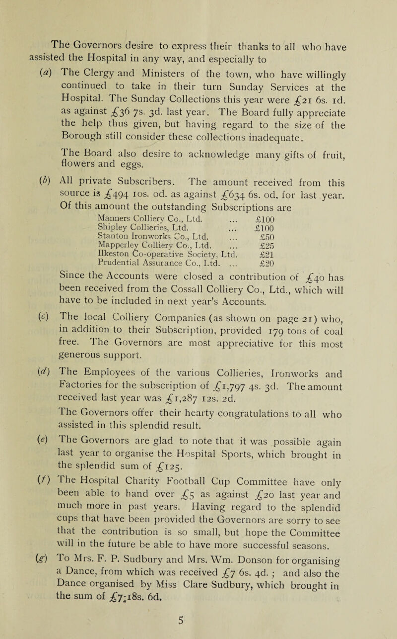 The Governors desire to express their thanks to all who have assisted the Hospital in any way, and especially to (a) The Clergy and Ministers of the town, who have willingly continued to take in their turn Sunday Services at the Hospital. The Sunday Collections this year were ;^2i 6s. id. as against 7s. 3d. last year. The Board fully appreciate the help thus given, but having regard to the size of the Borough still consider these collections inadequate. The Board also desire to acknowledge many gifts of fruit, flowers and eggs. (^) All private Subscribers. The amount received from this source is ;^494 los. od. as against ^634 6s. od. for last year. Of this amount the outstanding Subscriptions are Manners Colliery Co., Ltd. ... £100 Shipley Collieries, Ltd. ... £100 Stanton Ironworks Co., Ltd. ... £50 Mapperley Colliery Co., Ltd. ... £25 Ilkeston Co-operative Society, Ltd. £21 Prudential Assurance Co., Ltd. ... £20 Since the Accounts were closed a contribution of ^40 has been received from the Cossall Colliery Co., Ltd., which will have to be included in next year’s Accounts. (c) The local Colliery Companies (as shown on page 21) who, in addition to their Subscription, provided 179 tons of coal free. The Governors are most appreciative for this most generous support. (^) The Employees of the various Collieries, Ironworks and Factories for the subscription of ;^i,797 4s. 3d. The amount received last year was £1,2^^ 12s. 2d. The Governors offer their hearty congratulations to all who assisted in this splendid result. {e) The Governors are glad to note that it was possible again last year to organise the Hospital Sports, which brought in the splendid sum of ^125. (/) The Hospital Charity Football Cup Committee have only been able to hand over as against £20 last year and much more in past years. Having regard to the splendid cups that have been provided the Governors are sorry to see that the contribution is so small, but hope the Committee will in the future be able to have more successful seasons. {g) To Mrs. F. P. Sudbury and Mrs. Wm. Donson for organising a Dance, from which was received £^ 6s. 46. ; and also the Dance organised by Miss Clare Sudbury, which brought in the sum of ;^7;i8s. 6d.